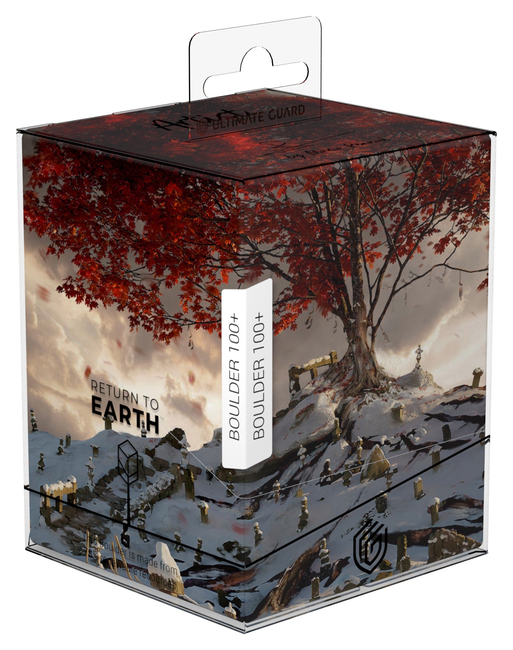 Ultimate Guard Artist Edition Mario Renaud RTE Boulder 100+ In Icy Bloom - Collector’s card storage box with detailed artwork of a large tree with red autumn leaves on a rocky snowy landscape,.