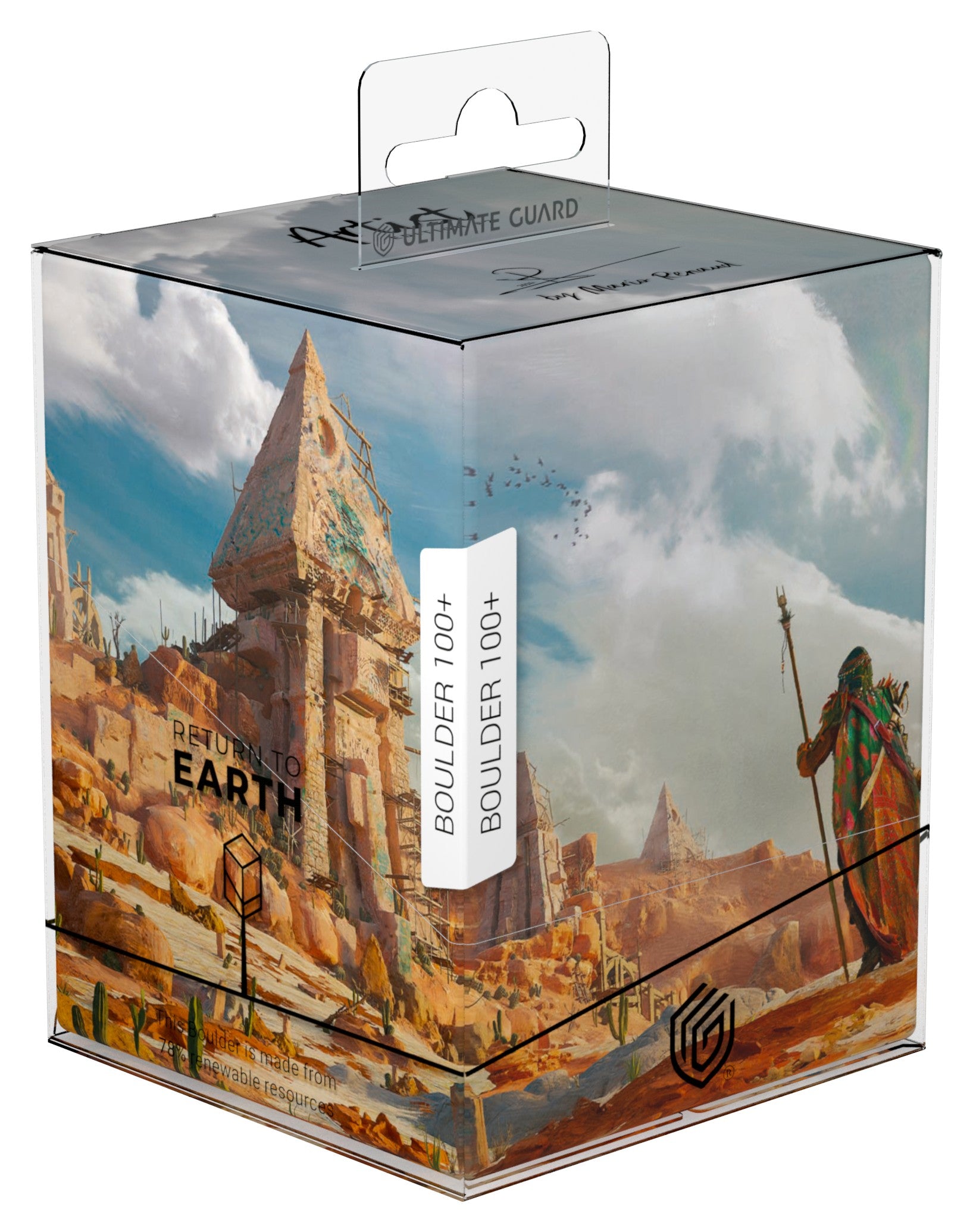 Ultimate Guard Artist Edition Mario Renaud RTE Boulder 100+ The Search - Clear plastic box with illustrated scenic art of rocky desert landscape and a cloaked figure holding a staff.