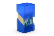 Ultimate Guard Boulder 80+ Deck Case - Sapphire - Translucent sapphire blue rectangular deck case holding cards vertically with rounded edges.