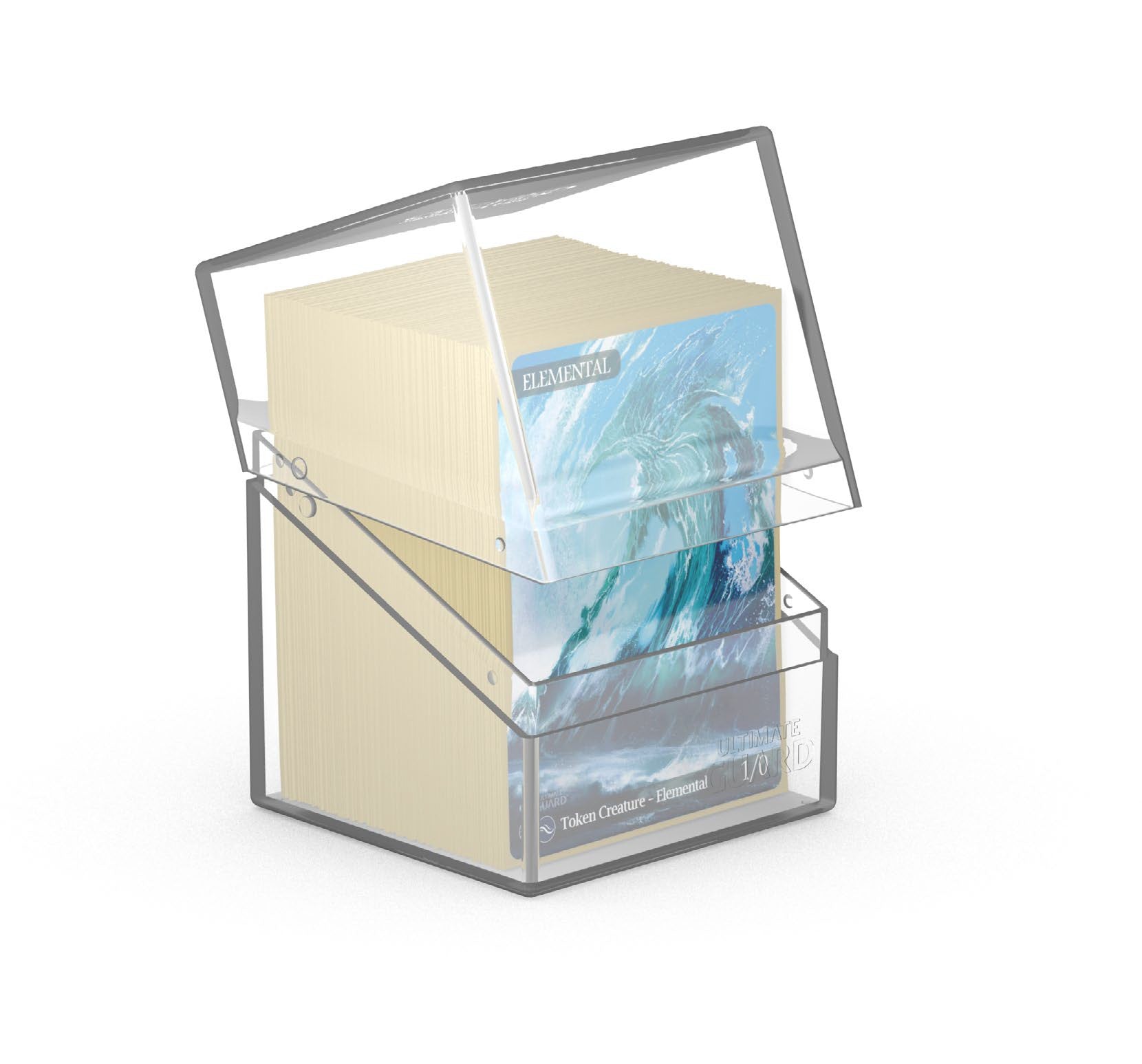 Ultimate Guard Boulder 100+ Deck Case - Clear - Clear rigid plastic deck box with hinged lid, holding sleeved trading cards inside.