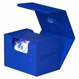 Ultimate Guard 80+ Sidewinder Monocolor Blue - Blue Ultimate Guard 80+ Sidewinder card deck box with magnetic flip lid and window showing artwork inside.