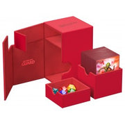 Ultimate Guard Flip N' Tray 100+ Monocolor - Red - Red rectangular deck box with fold-out compartments and a removable tray holding colorful gaming dice.