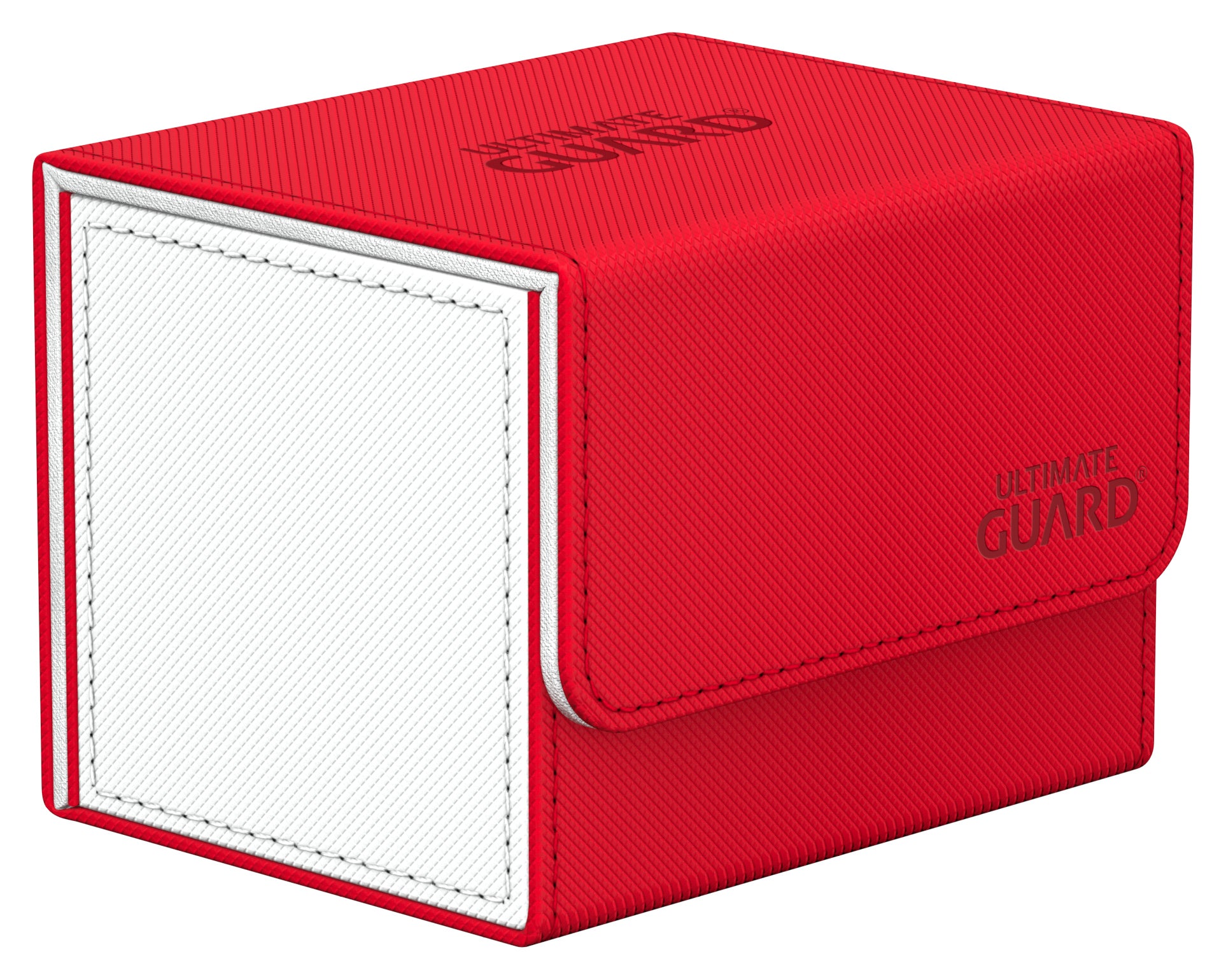 Ultimate Guard Sidewinder 100+ Deck Box - Synergy Red/White - Red and white rectangular deck box with hinged lid and textured Ultimate Guard logo on front and top.