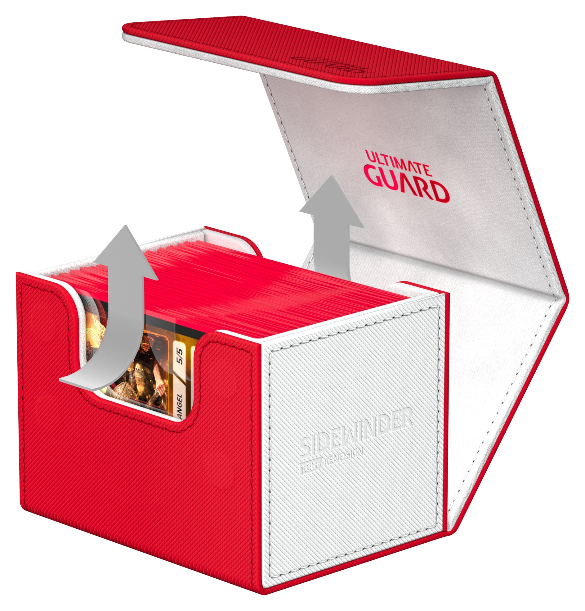 Ultimate Guard Sidewinder 100+ Deck Box - Synergy Red/White - Red and white rectangular deck box with hinged lid and embossed Ultimate Guard branding.