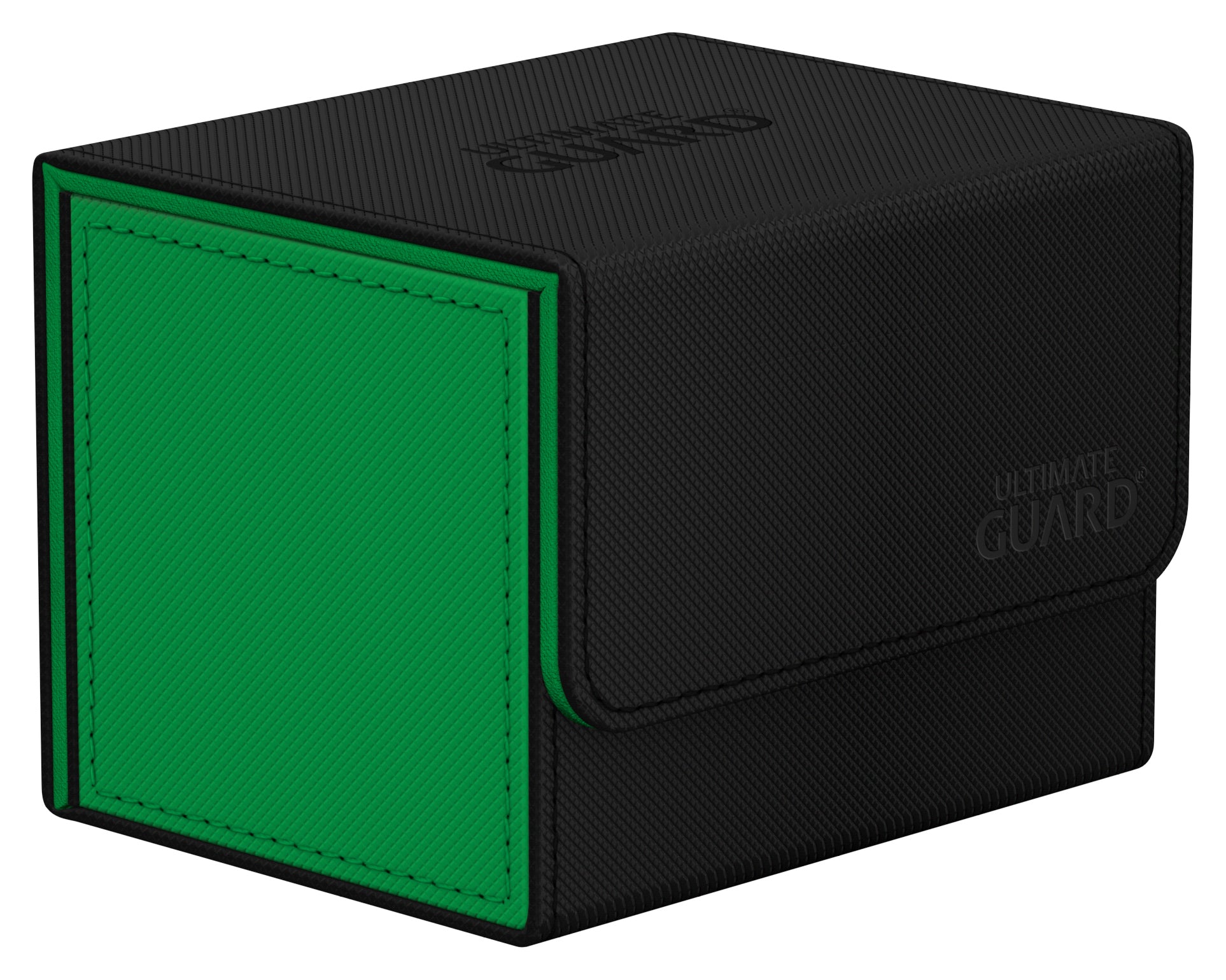 Ultimate Guard Sidewinder 100+ Deck Box - Synergy Black/Green - Black and green rectangular deck box with a flap lid and textured surface, designed for card storage.