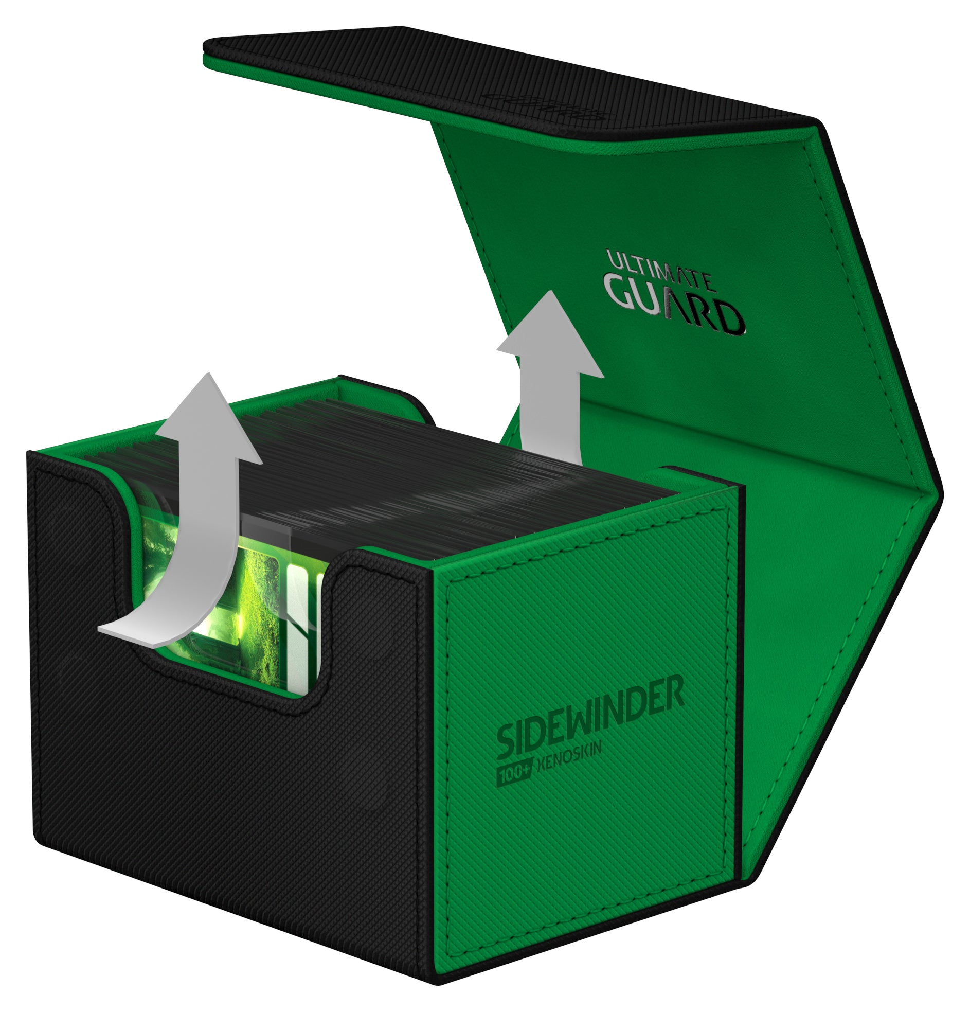 Ultimate Guard Sidewinder 100+ Deck Box - Synergy Black/Green - Black and green rectangular deck box with hinged lid and transparent card holder slot on the side.