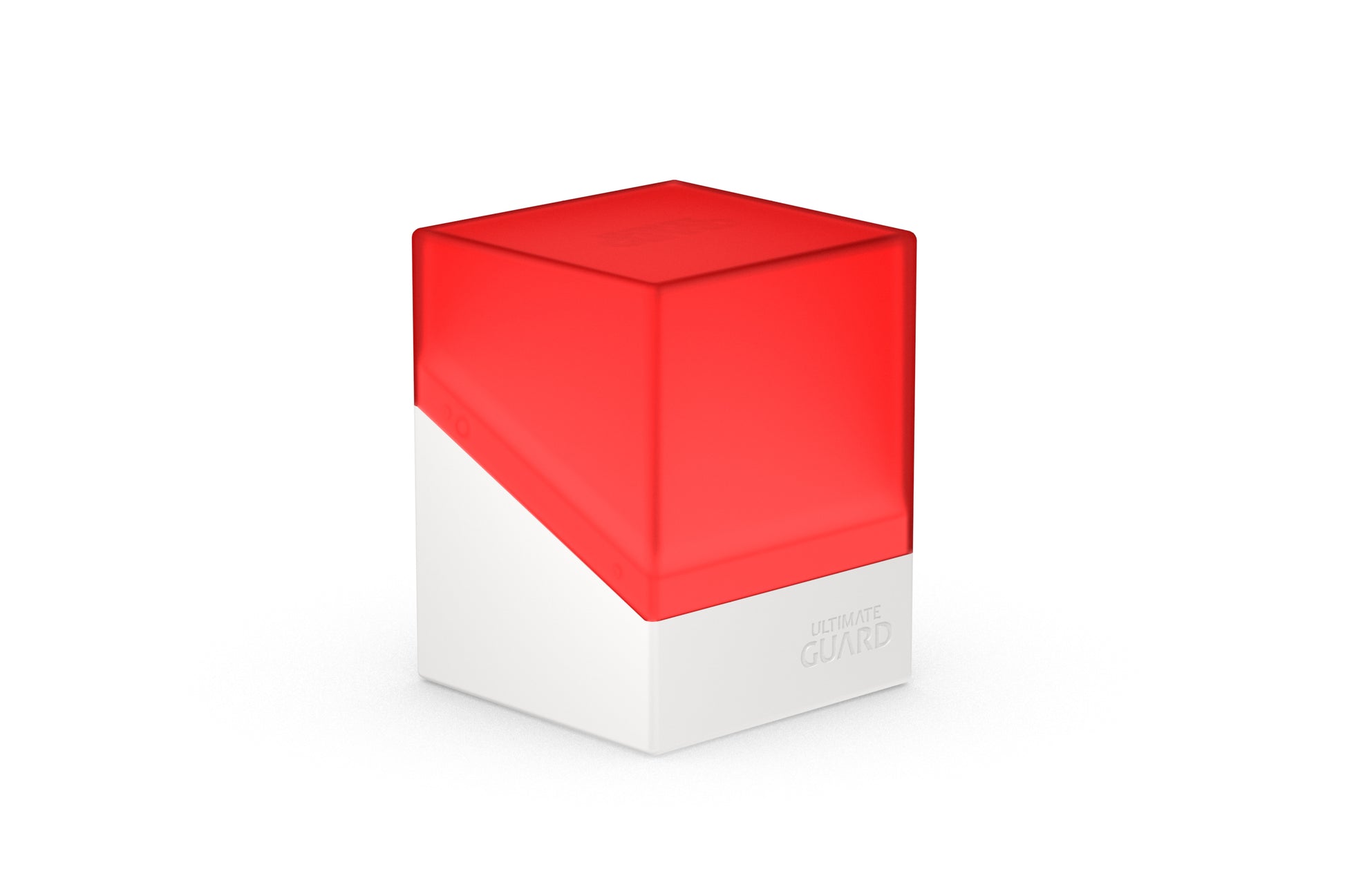 Ultimate Guard Boulder 100+ Synergy - Red/White - Compact rectangular deck storage box with red lid and white base, made for card protection.