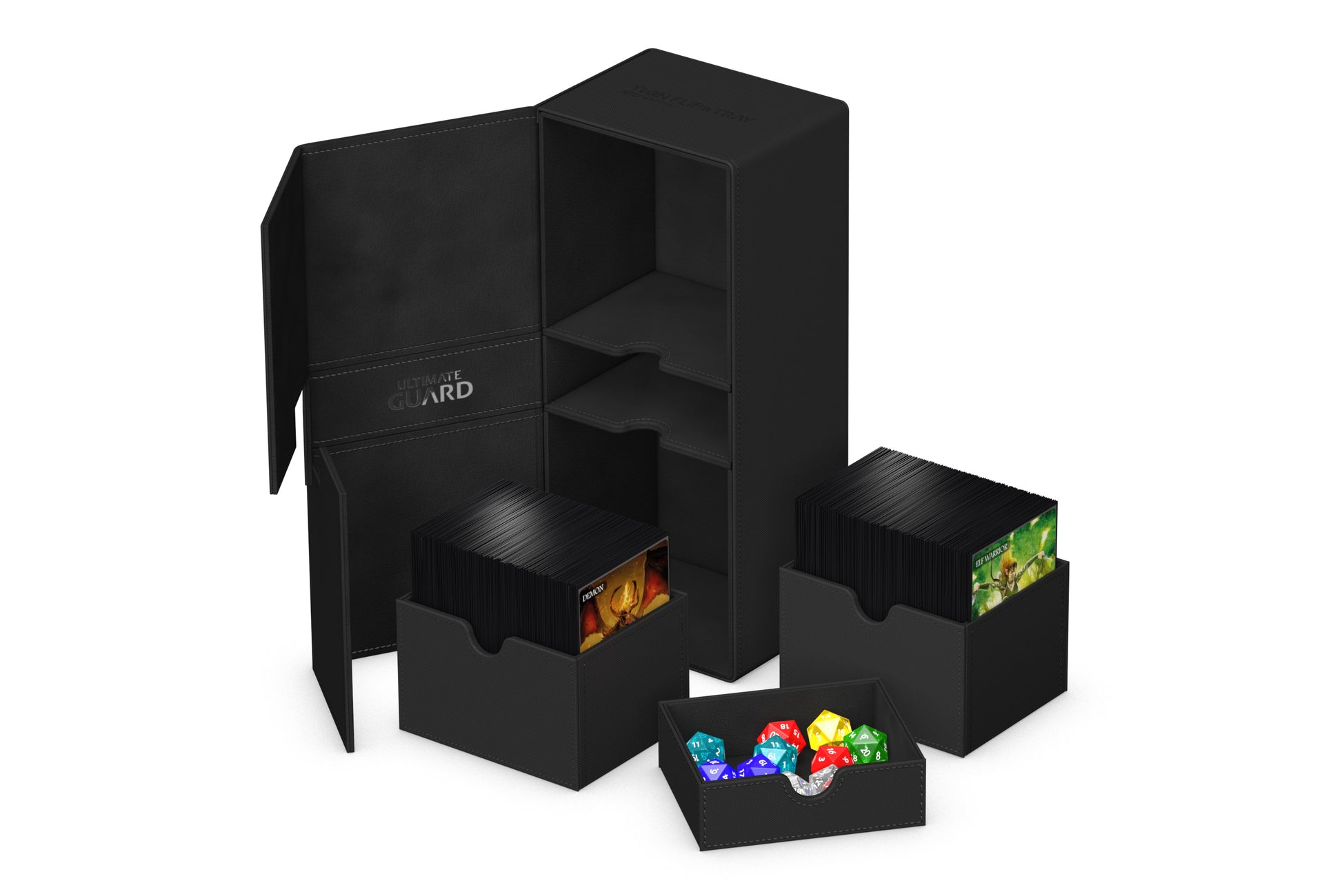 Ultimate Guard Twin Flip'n'Tray 266+ Monocolor - Black - Black modular deck box with multiple compartments and flip trays for cards and accessories storage.