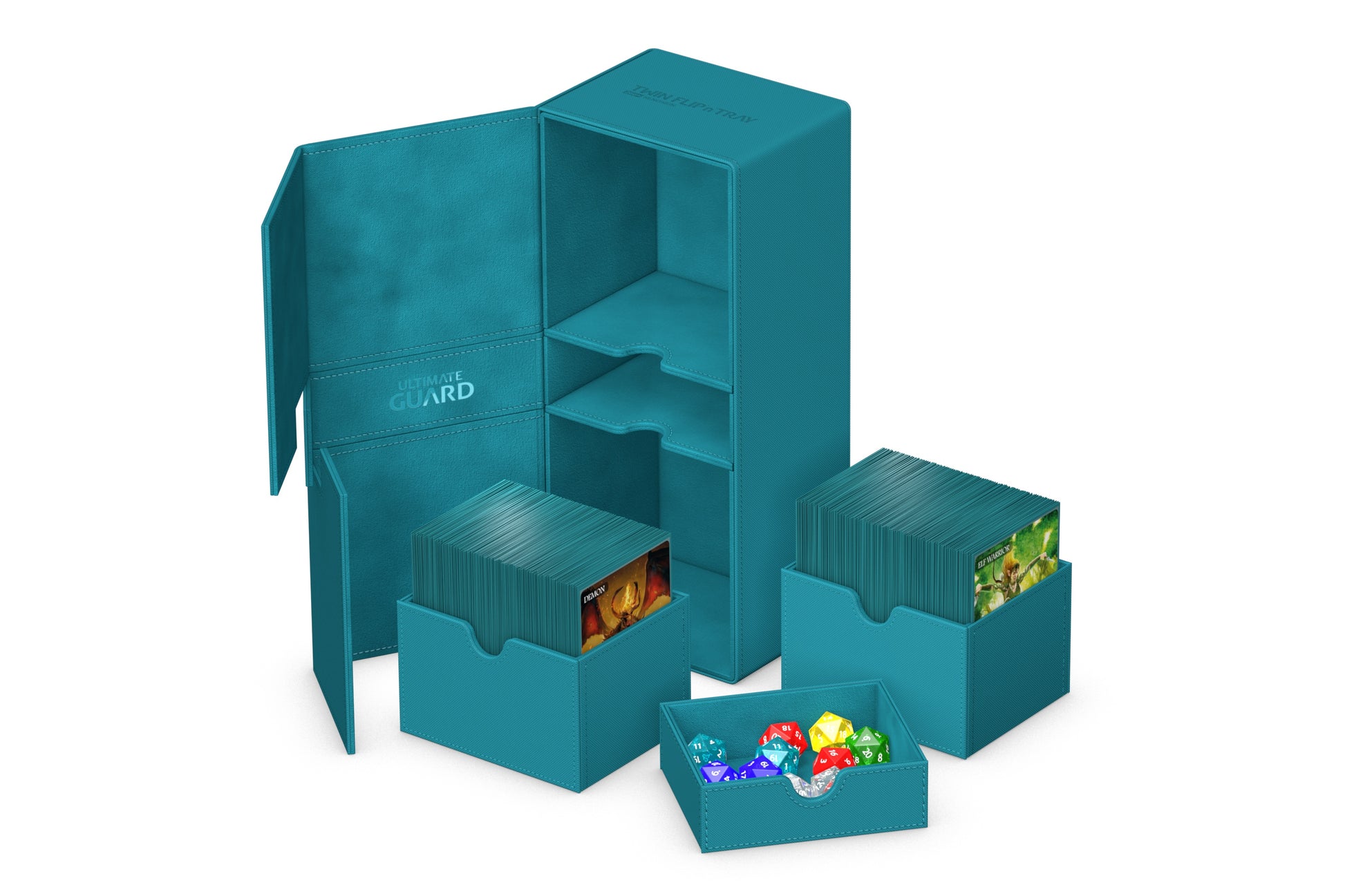 Ultimate Guard Twin Flip'n'Tray 266+ Monocolor - Petrol - Petrol blue deck box with multiple compartments and trays designed for card and dice storage.