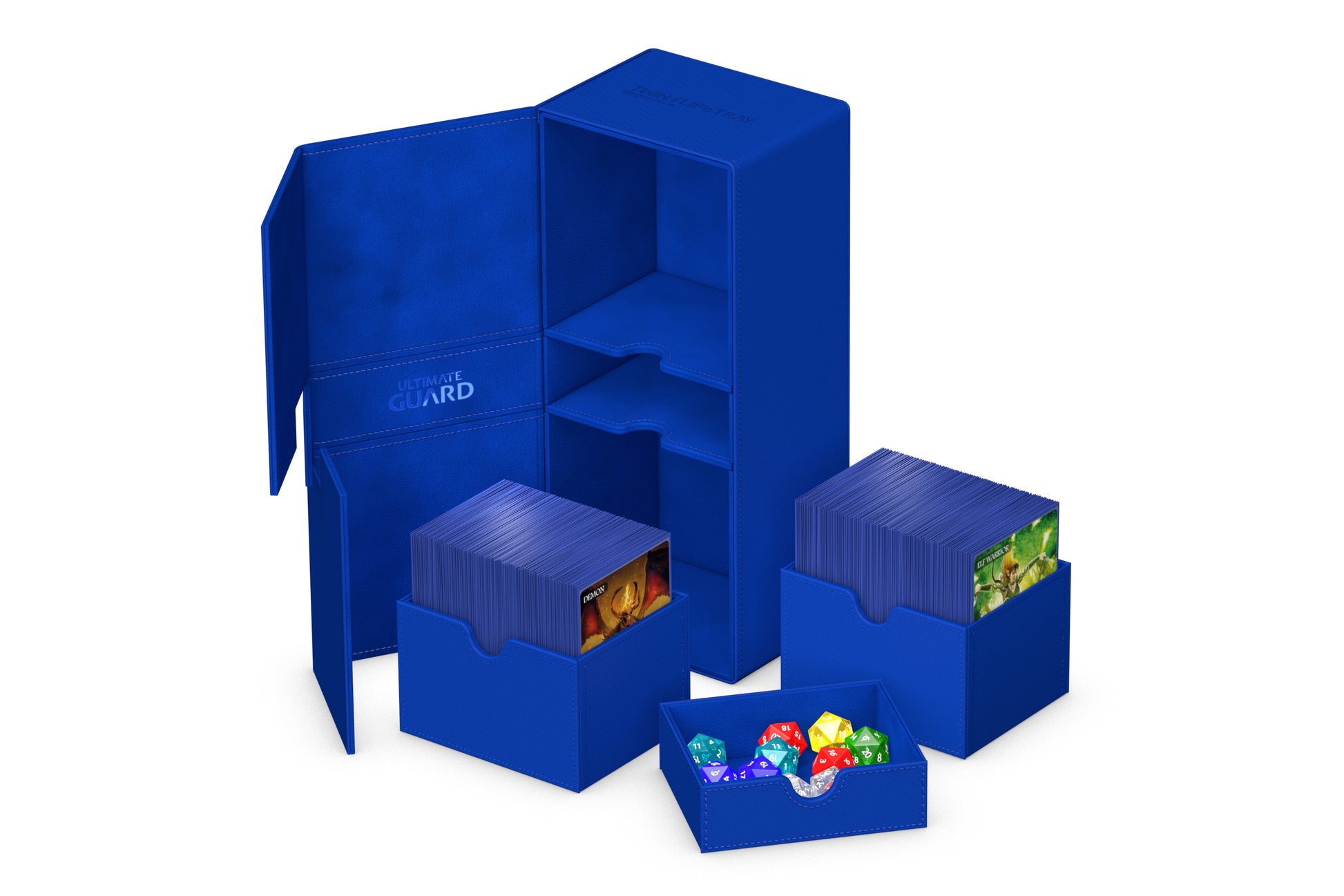 Ultimate Guard Twin Flip'n'Tray 266+ Monocolor - Blue - Blue twin flip tray deck box with multiple compartments and a fold-out design for card and accessory storage.