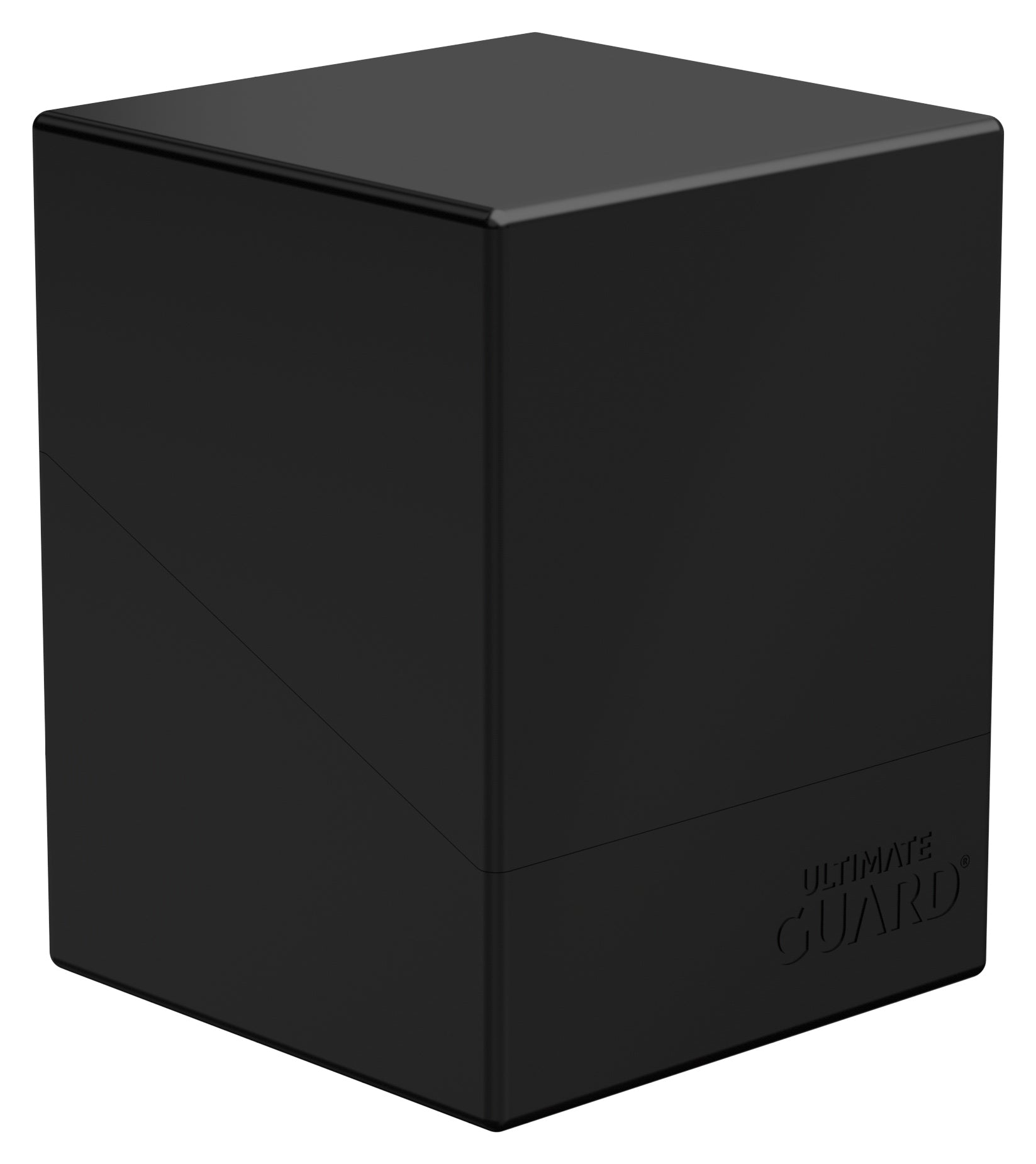Ultimate Guard Boulder 100+ Solid Color - Black - Matte black rectangular card storage deck box with clean edges and subtle Ultimate Guard logo embossed on front bottom.