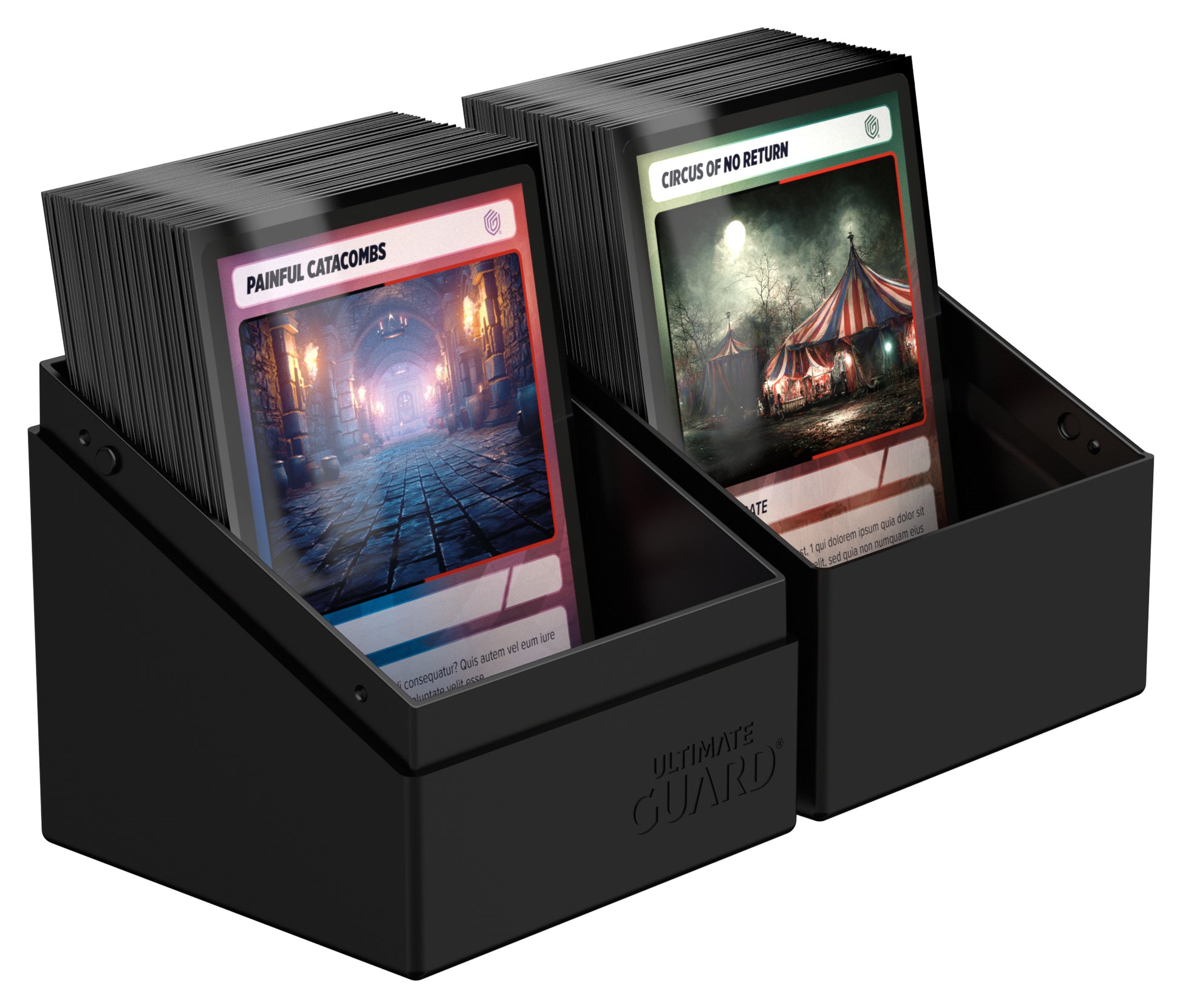 Ultimate Guard Boulder 100+ Solid Color - Black - Black plastic dual deck box with angled edges holding two stacks of trading cards with colorful fantasy artwork on the top.