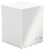 Ultimate Guard Boulder 100+ Solid Color - White - White matte rectangular deck box with smooth finish and Ultimate Guard logo embossed near base.