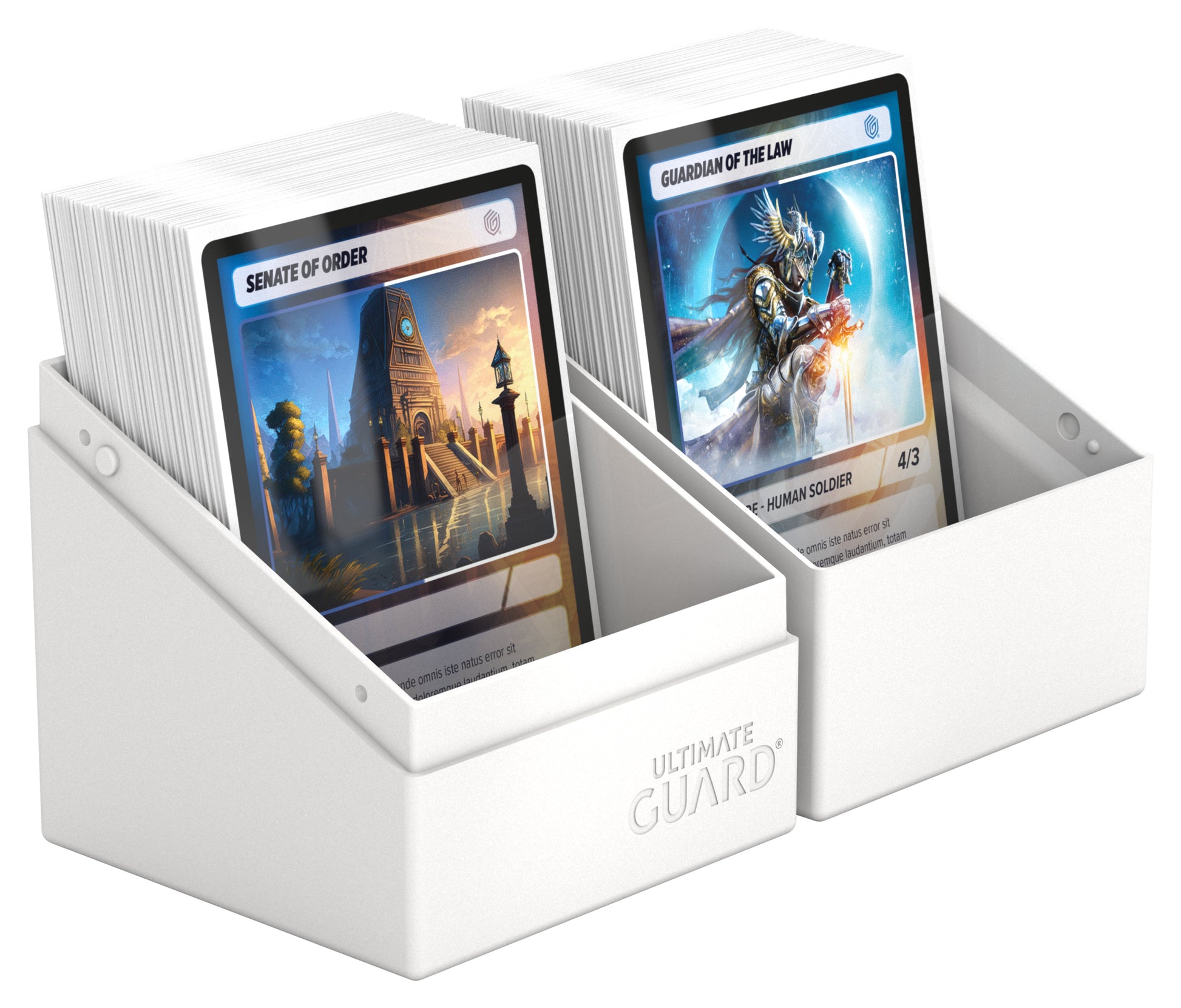 Ultimate Guard Boulder 100+ Solid Color - White - White plastic card storage box with two compartments, holding trading cards upright and organized.