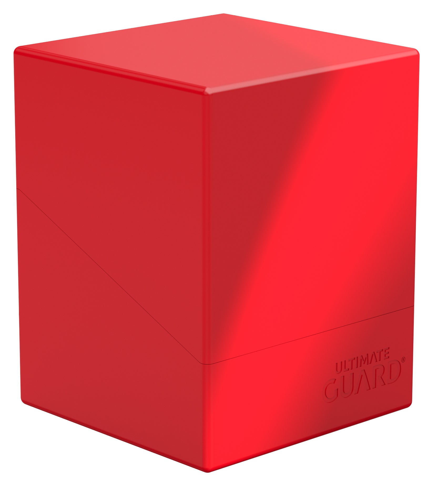 Ultimate Guard Boulder 100+ Solid Color - Red - Bright red rectangular card deck box with smooth matte finish and subtle embossed Ultimate Guard logo on the lower front.