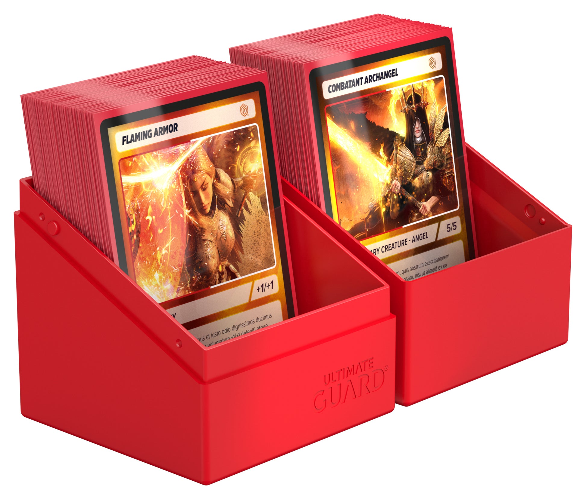 Ultimate Guard Boulder 100+ Solid Color - Red - Bright red plastic card storage box holding two stacks of collectible game cards with fantasy artwork and text.