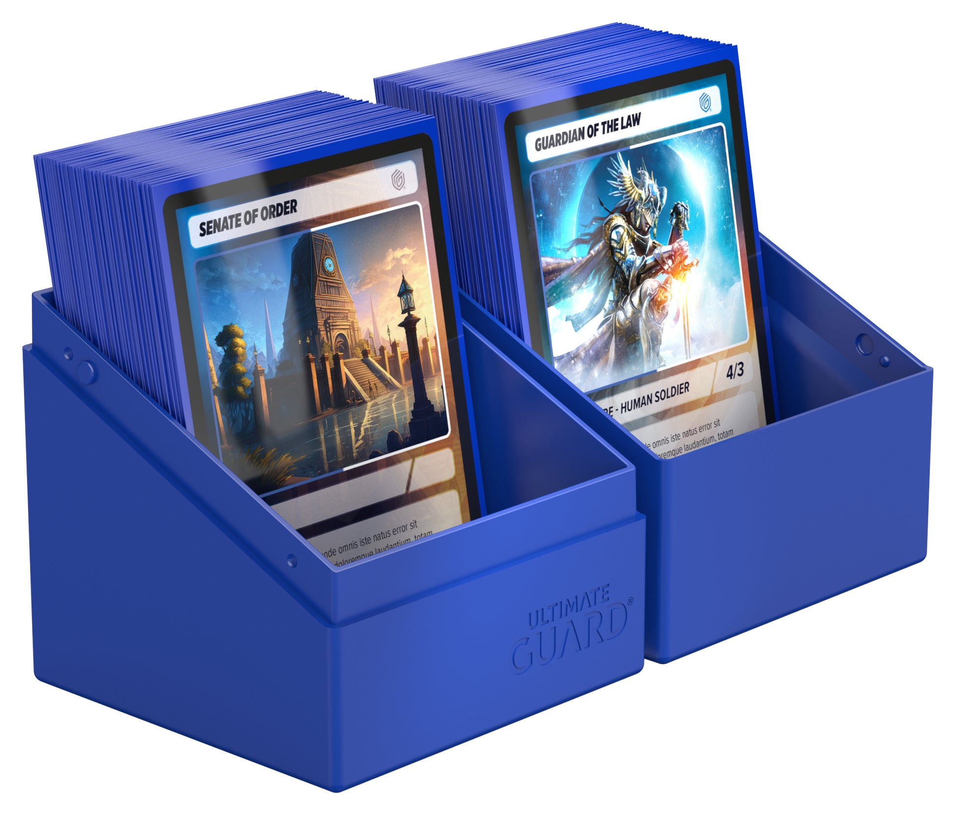Ultimate Guard Boulder 100+ Solid Color - Blue - Blue plastic card storage box holding two rows of trading cards with fantasy-themed artwork.