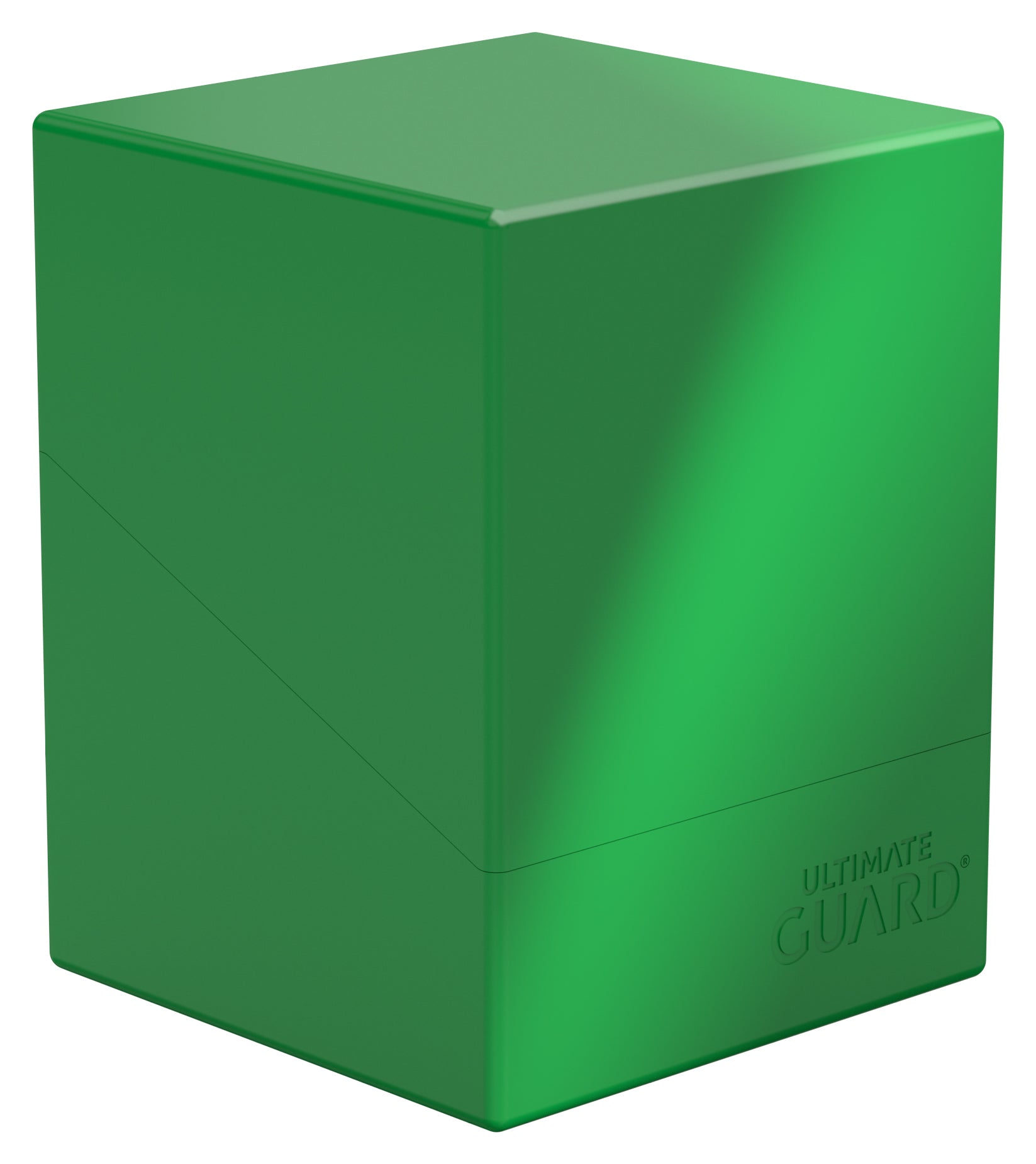 Ultimate Guard Boulder 100+ Solid Color - Green - Green matte rectangular deck box with smooth surface and subtle Ultimate Guard logo embossed near the bottom corner.