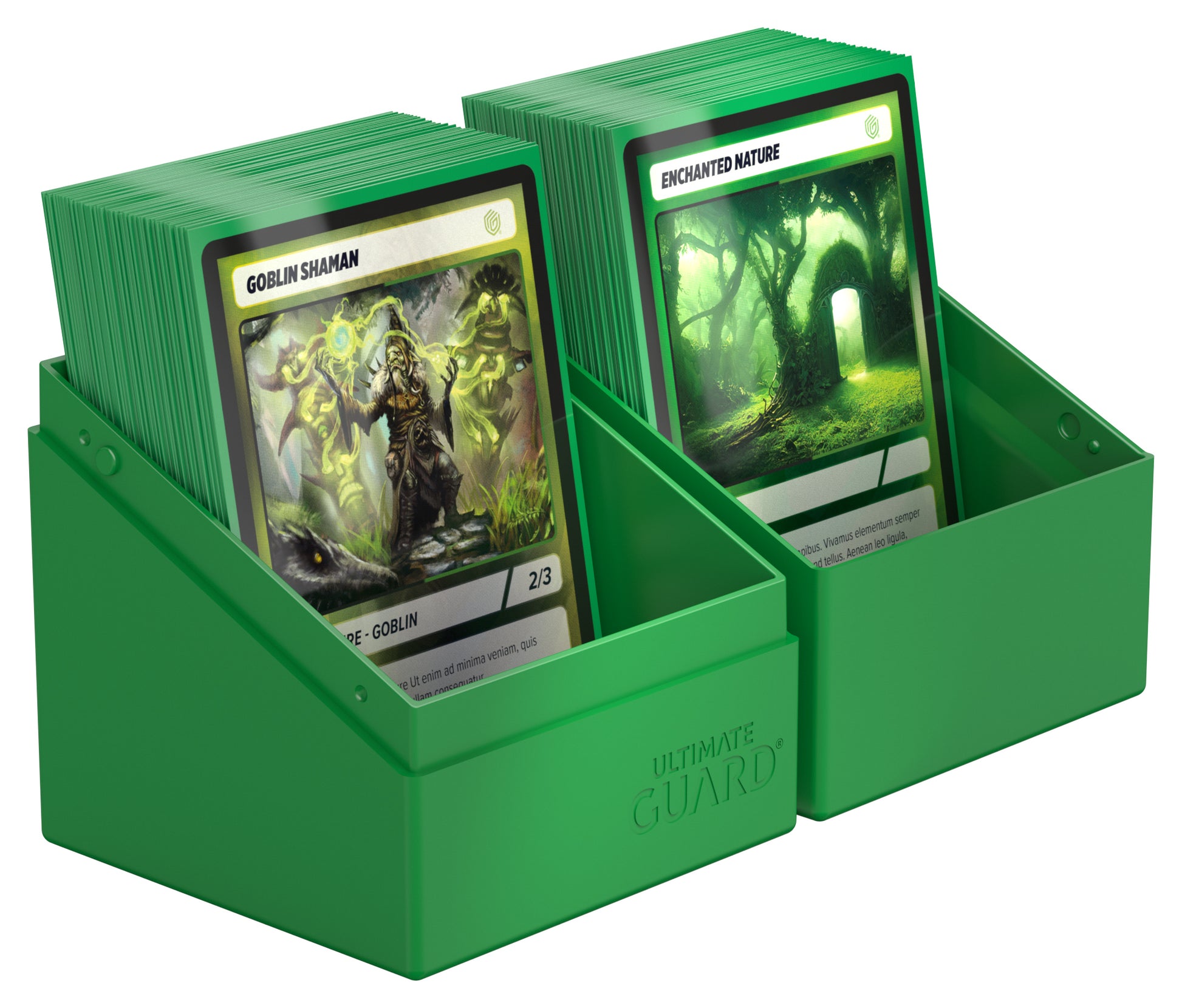 Ultimate Guard Boulder 100+ Solid Color - Green - Green plastic card storage box holding two rows of fantasy-themed trading cards with colorful illustrations.