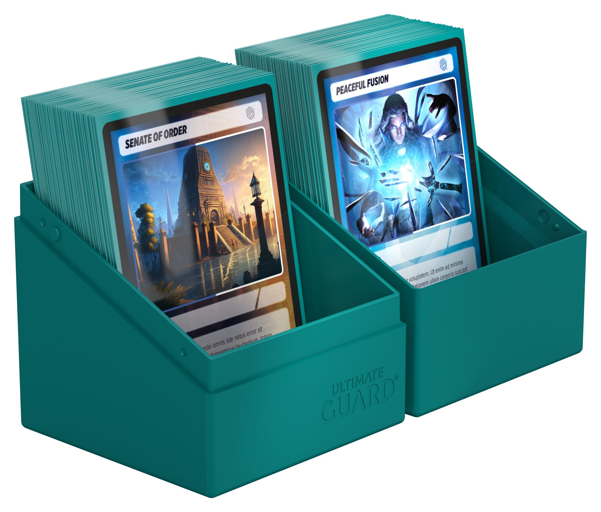Ultimate Guard Boulder 100+ Solid Color - Petrol - Petrol-colored plastic card storage box with two compartments holding trading cards with illustrated fantasy artwork.
