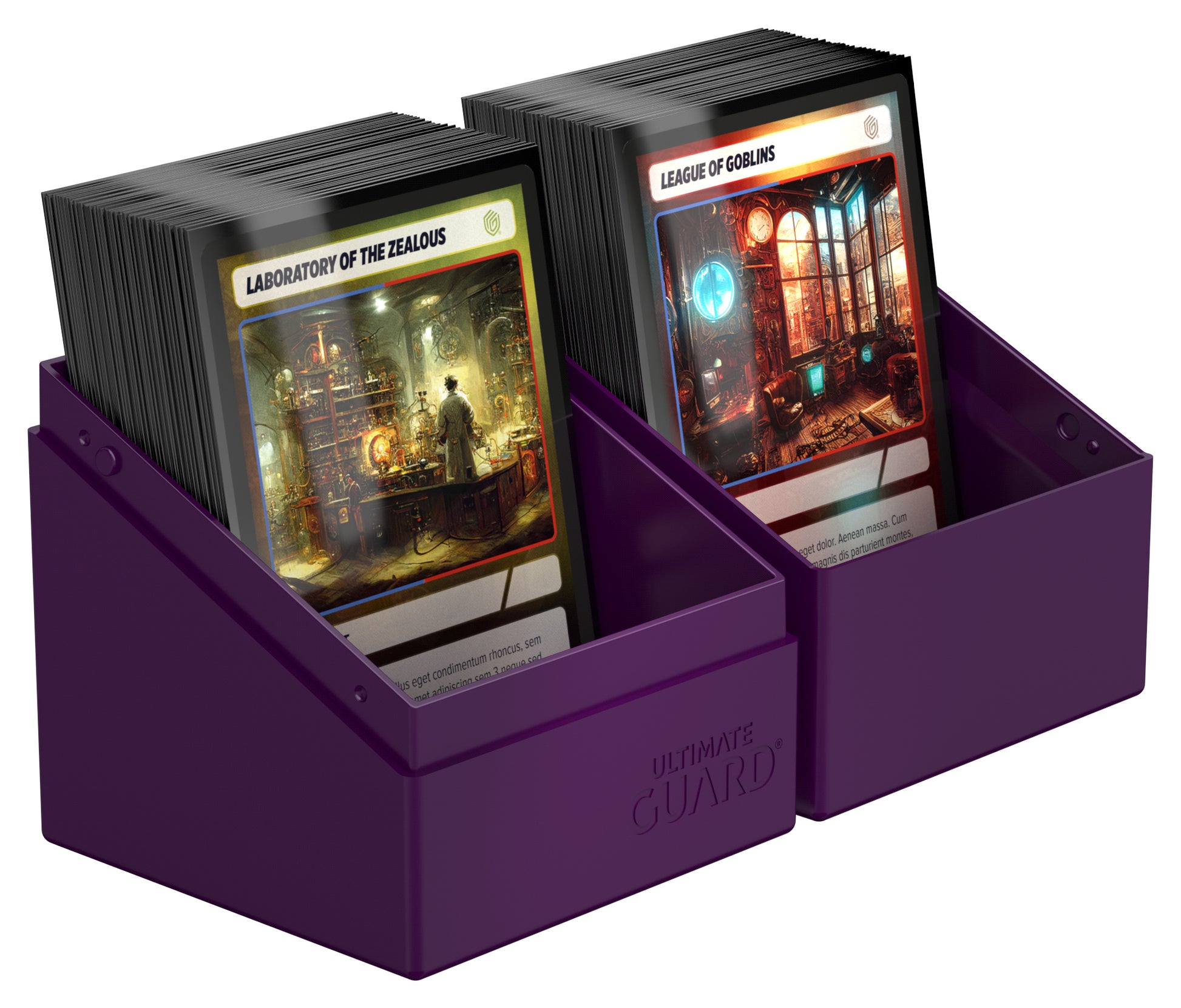 Ultimate Guard Boulder 100+ Solid Color - Purple - Purple dual-compartment plastic deck box holding two stacks of collectible game cards.