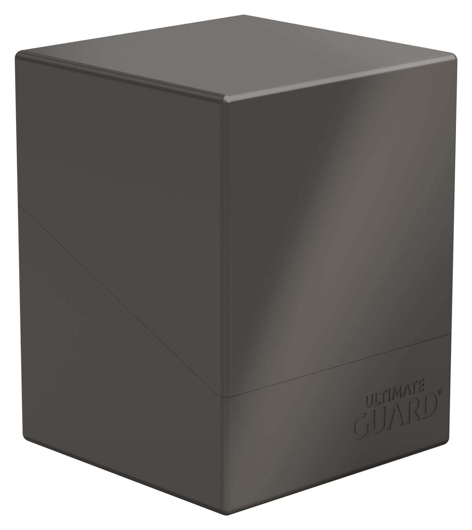 Ultimate Guard Boulder 100+ Solid Color - Grey - Matte grey rectangular deck box with smooth edges and subtle Ultimate Guard logo embossed on the lower corner.
