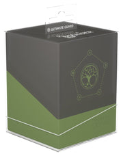 Ultimate Guard Boulder 100+ Druidic Secrets - Arbor - Gray and green deck box with a tree emblem and geometric designs on the front, made for storing cards.