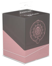 Ultimate Guard Boulder 100+ Druidic Secrets - Fatum - Black and pink Ultimate Guard Boulder 100+ deck box with circular geometric design on front and clear plastic lid.