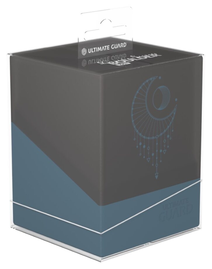 Ultimate Guard Boulder 100+ Druidic Secrets - Umbra - Gray and blue rectangular deck box with druidic crescent moon design and Ultimate Guard branding.