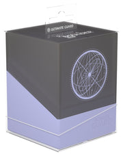 Ultimate Guard Boulder 100+ Druidic Secrets - Nubis - Cube-shaped card storage box with dark gray and light purple colors, featuring a circular mystical rune design on the front.