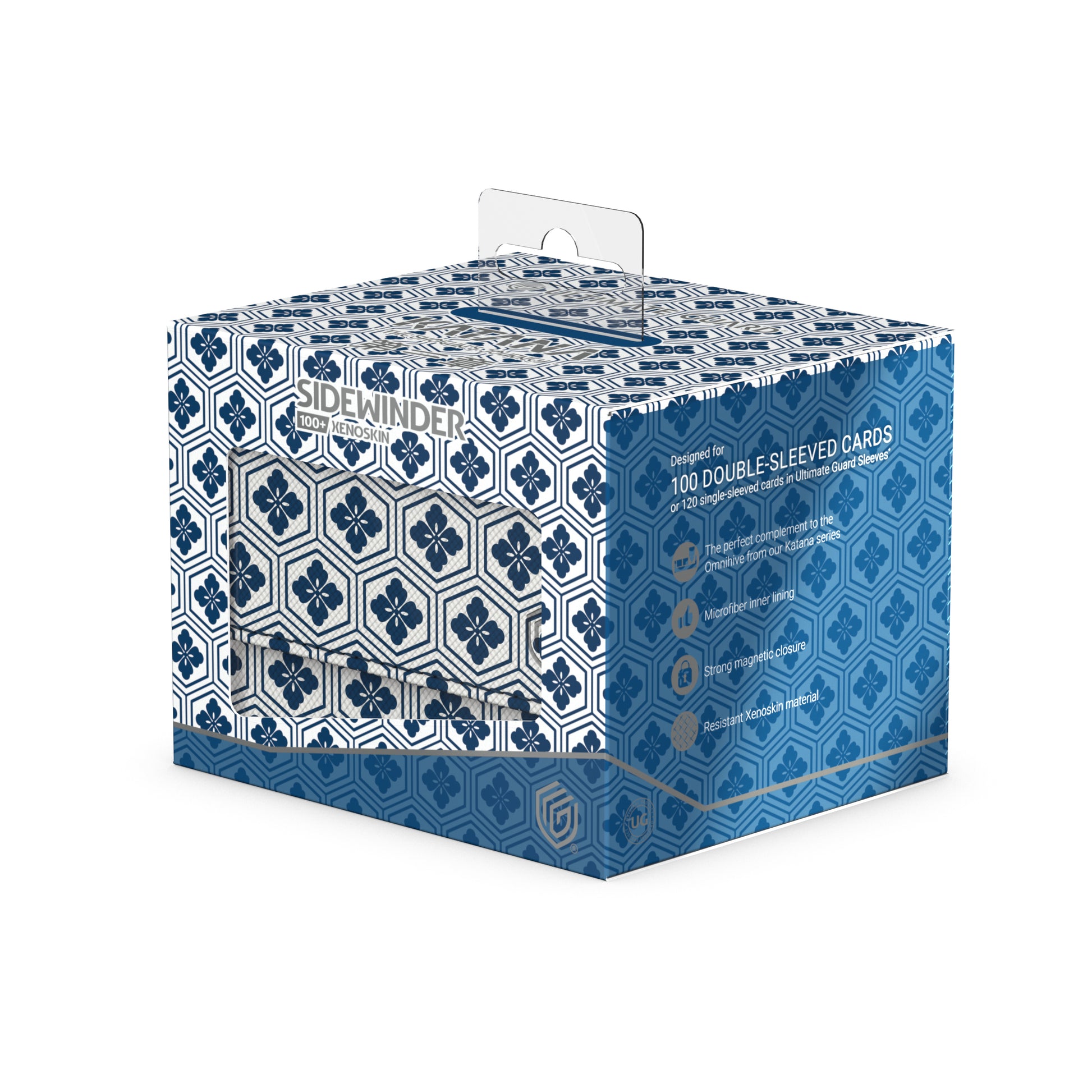 Ultimate Guard Katana: The Shogun's Journey Part II Sidewinder 100+ Xenoskin - Kikko (White / Blue) - White and blue hexagonal patterned deck box with Xenoskin Kikko texture and Sidewinder branding.