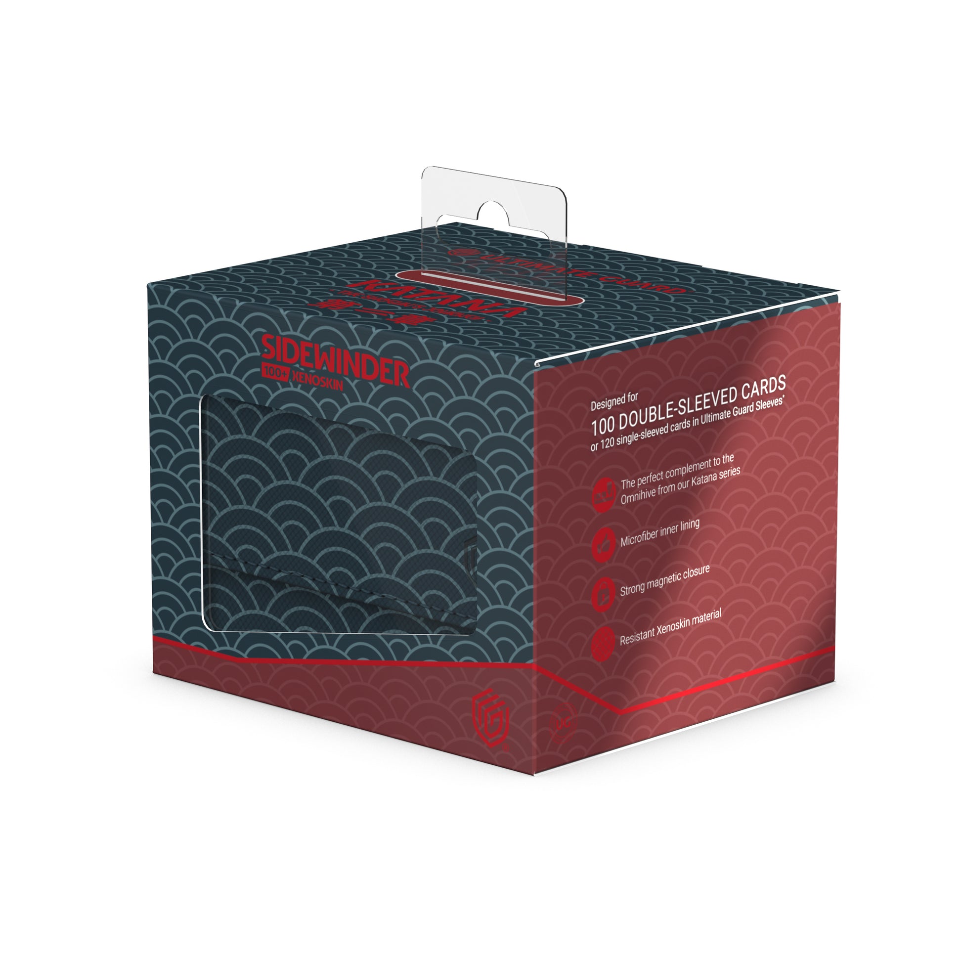 Ultimate Guard Katana: The Shogun's Journey Part II Sidewinder 100+ Xenoskin - Seigaiha (Dark Blue / Dark Red) - Dark blue and dark red card storage box with wave pattern and red text, compact rectangular shape.