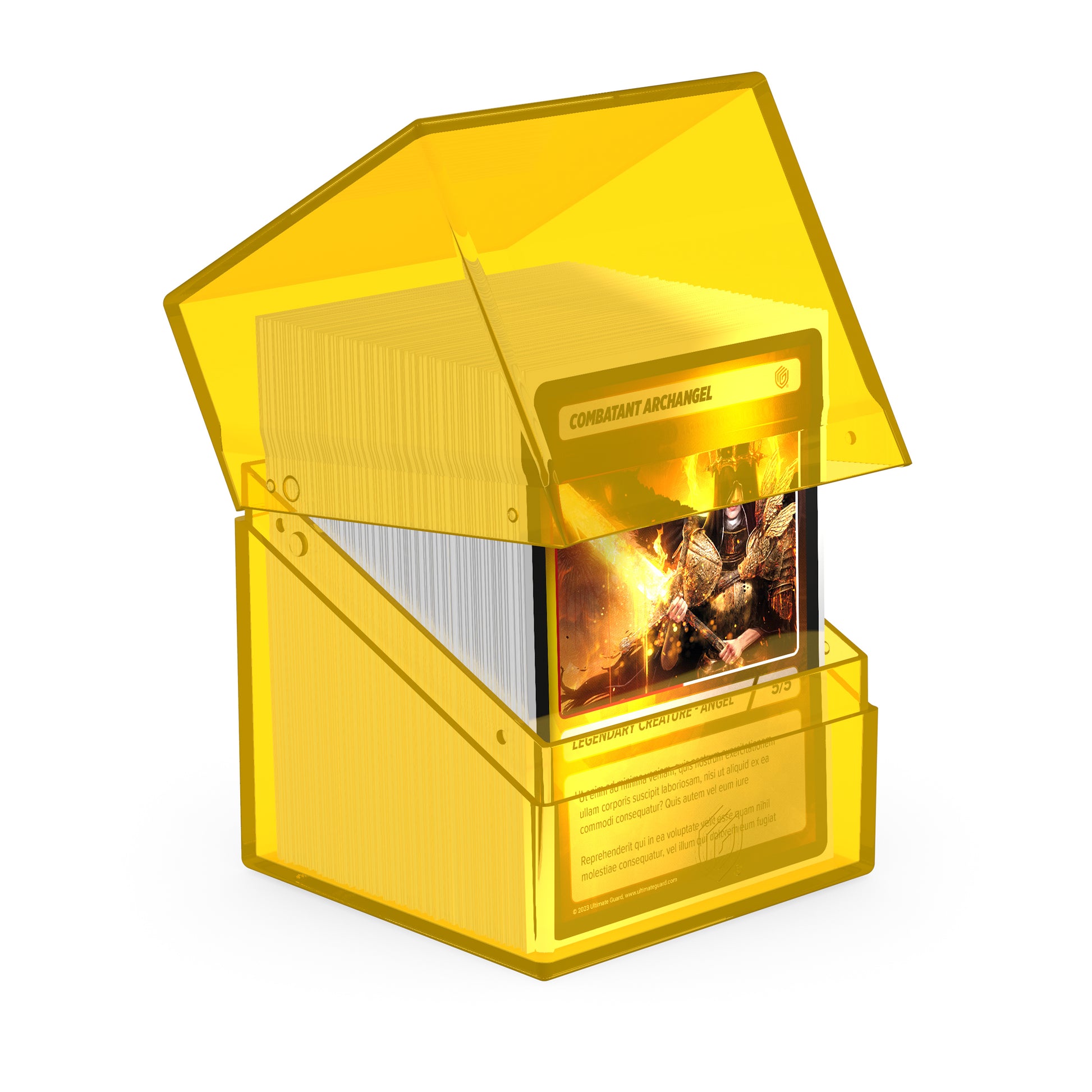 Ultimate Guard: Boulder 100+ Clear - Amber - Transparent amber plastic deck box with hinged lid, holding sleeved cards upright.