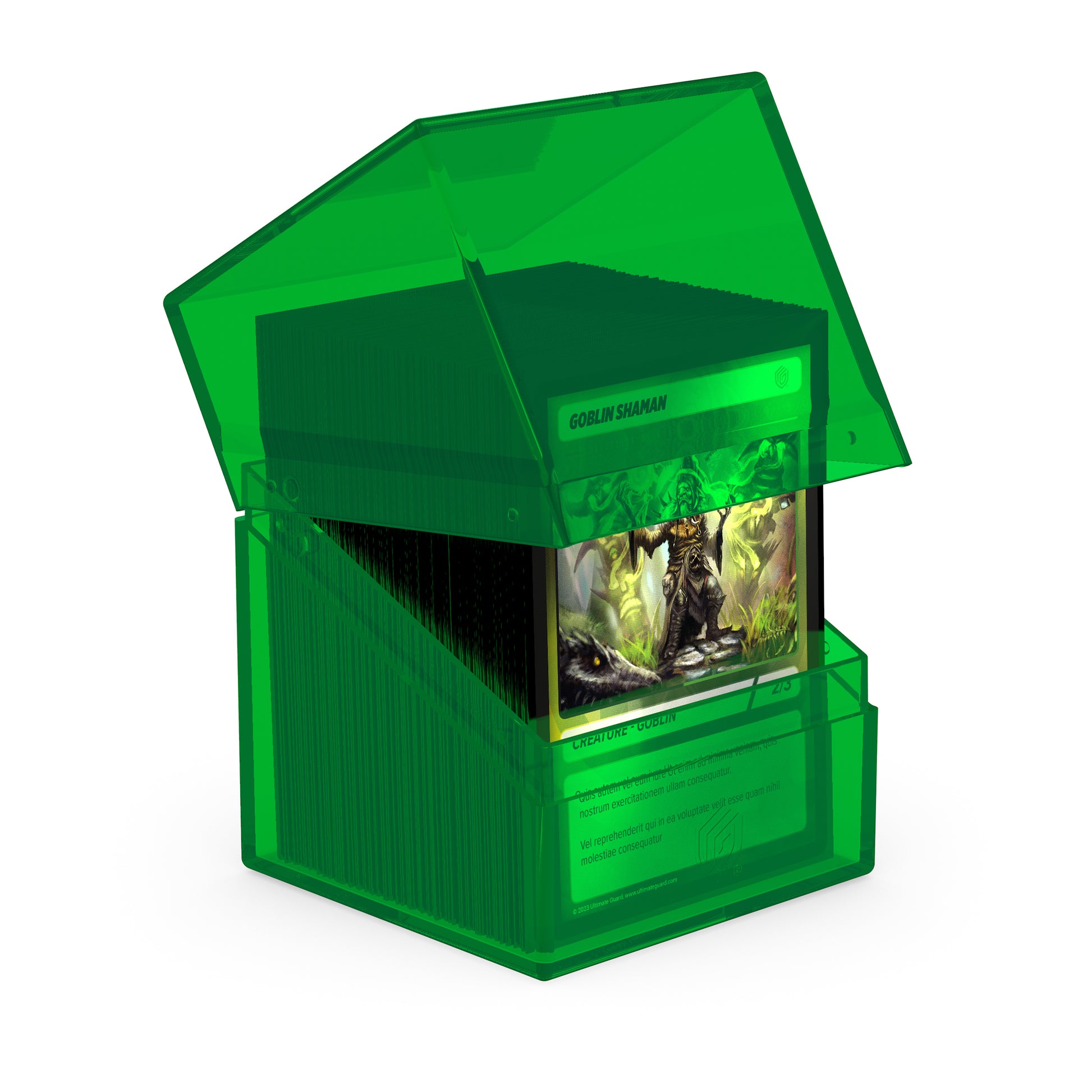 Ultimate Guard: Boulder 100+ Clear - Emerald - Translucent emerald green rectangular deck box with hinged lid, designed to hold over 100 cards, showing a fantasy card.