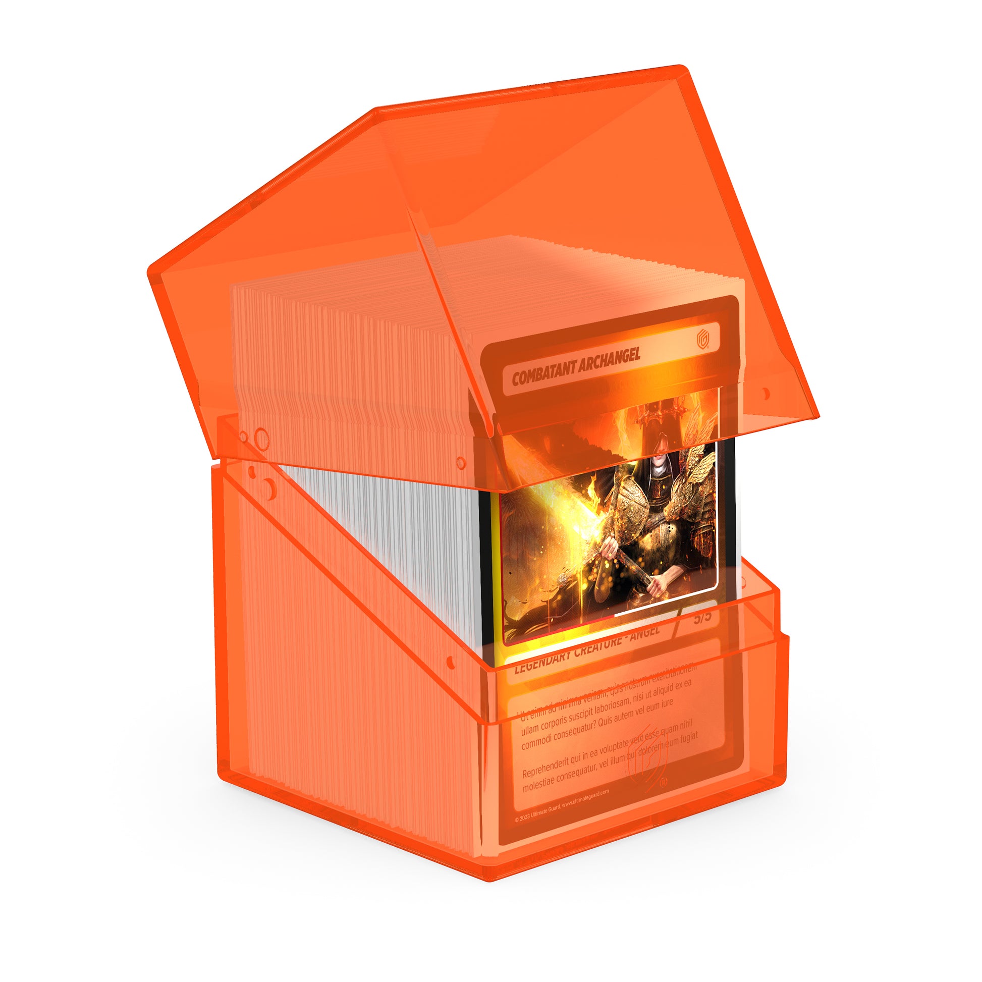 Ultimate Guard: Boulder 100+ Clear - Poppy Topaz - Translucent bright orange plastic deck box with hinged lid holding sleeved cards inside.