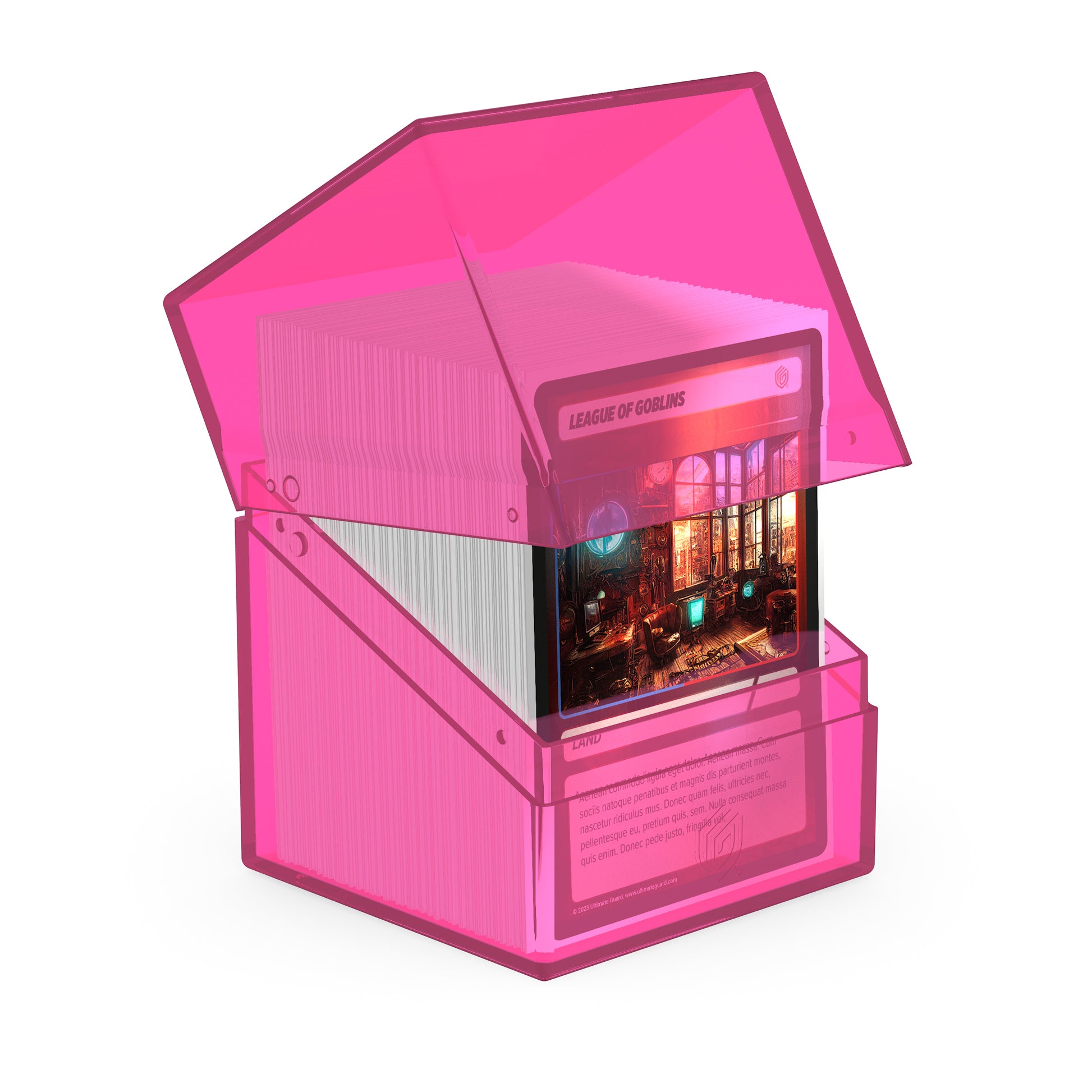 Ultimate Guard: Boulder 100+ Clear - Rhodonite - Translucent bright pink rectangular card deck box with hinged lid, holding over 100 cards upright.