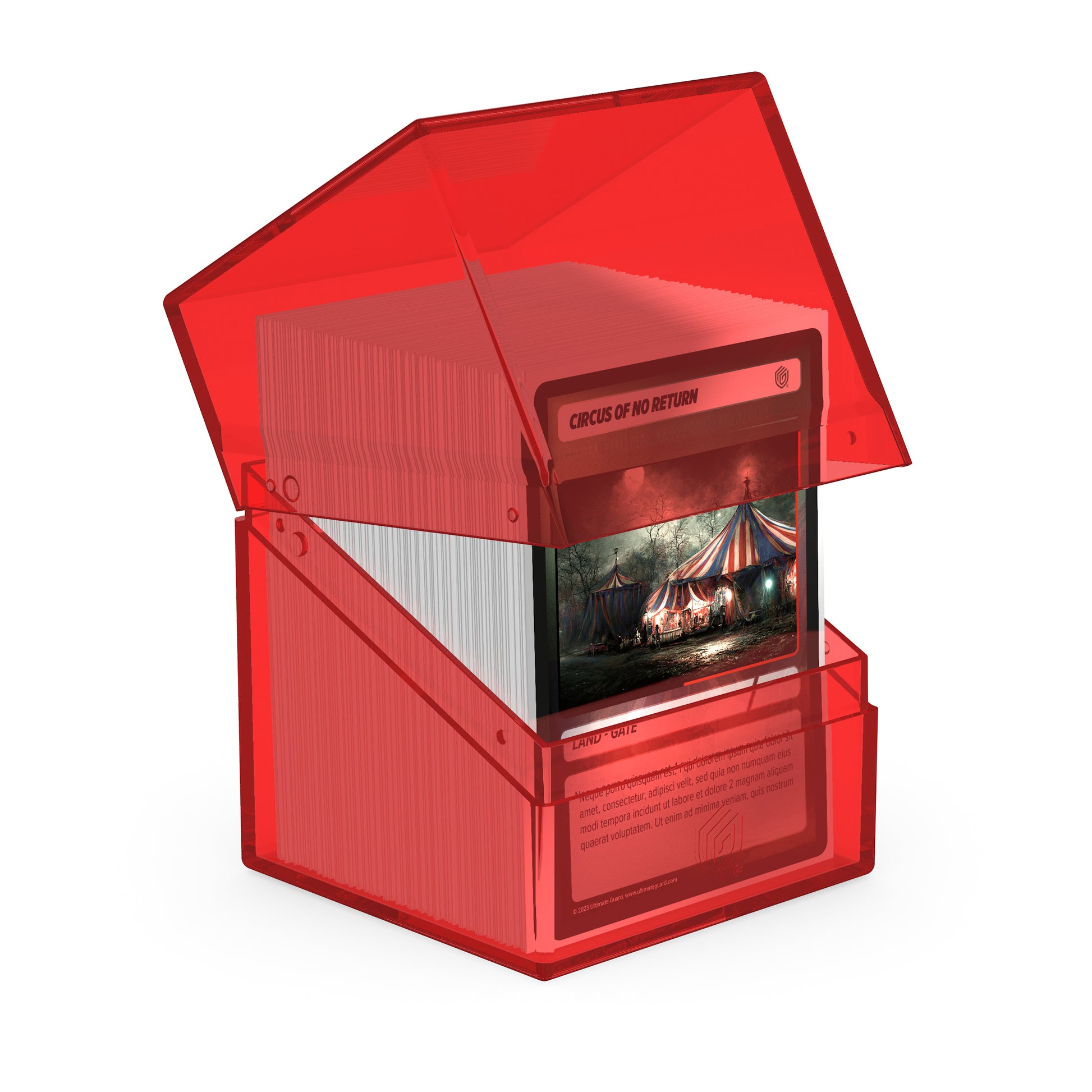 Ultimate Guard: Boulder 100+ Clear - Ruby - Transparent ruby red rectangular deck box with hinged lid, showing stacked cards inside.