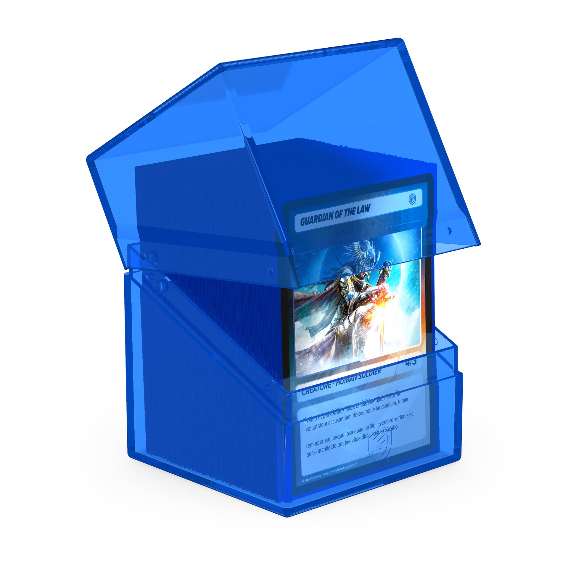 Ultimate Guard: Boulder 100+ Clear - Sapphire - Translucent sapphire blue plastic card deck box with hinged lid, designed to hold over 100 cards.