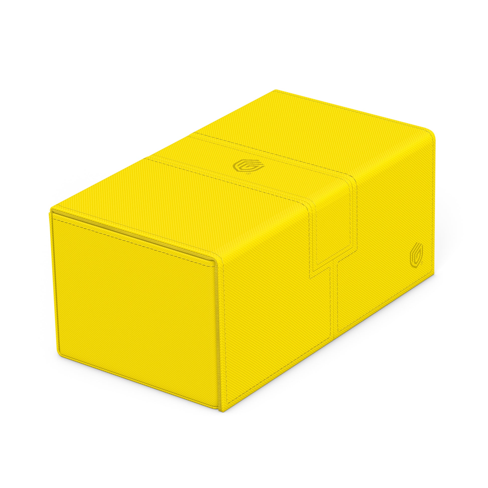 Ultimate Guard Twin Flip'n'Tray 200+ - Summer Edition - Dandelion - Bright yellow rectangular card storage box with smooth matte finish and subtle circular logo imprint on top and side.
