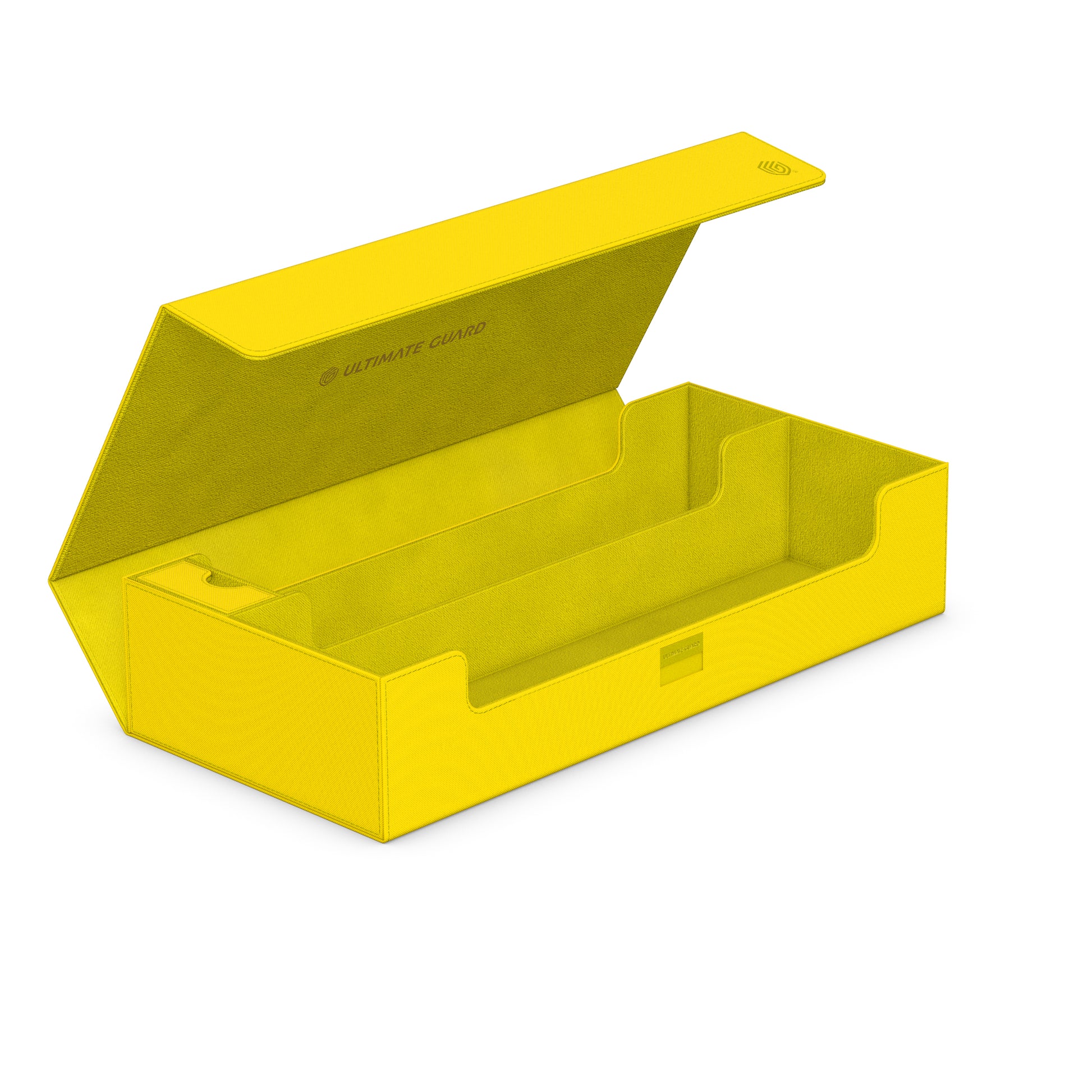 Ultimate Guard Superhive 550+ - Summer Edition - Dandelion - Bright yellow rectangular deck box with hinged lid and internal card slots for organization.