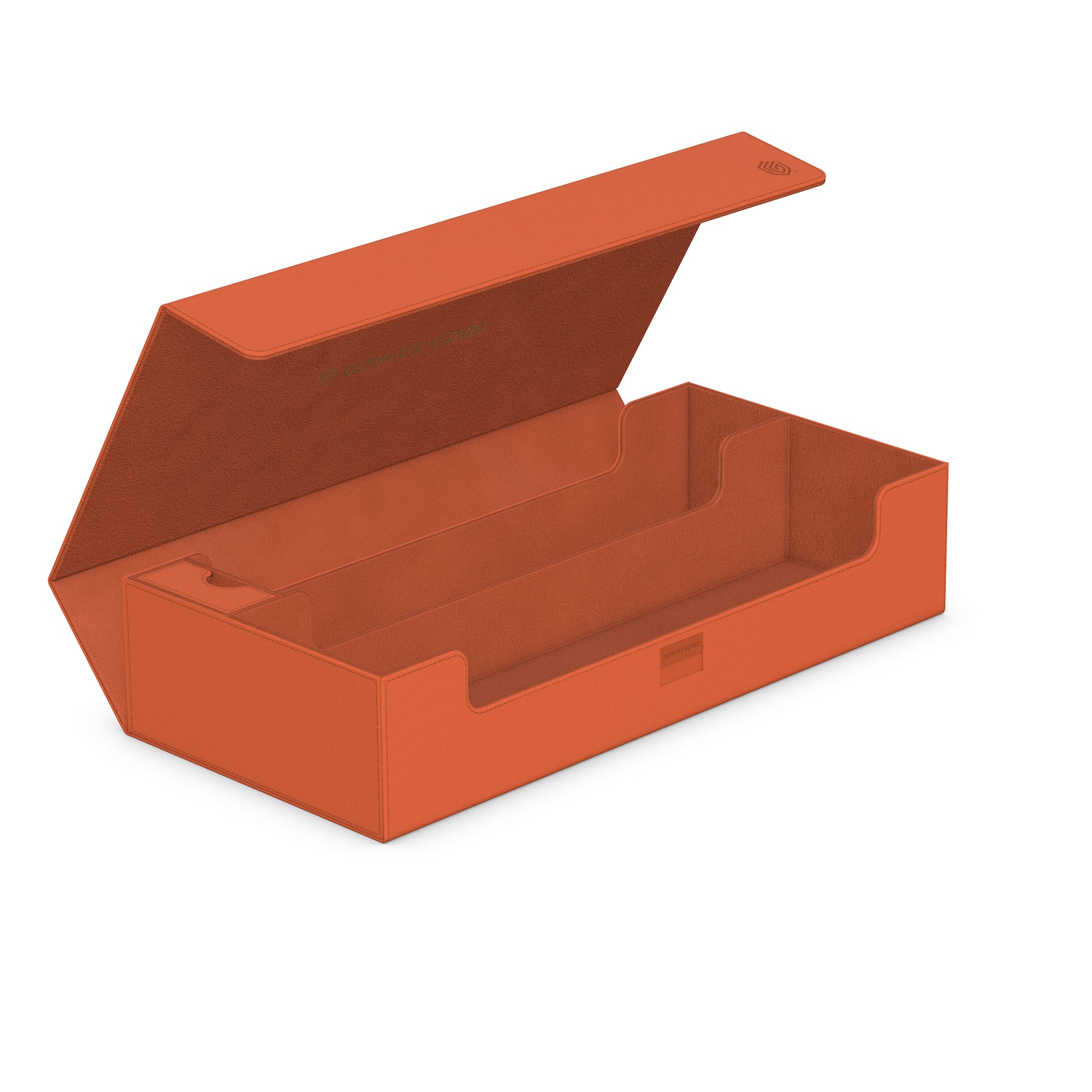 Ultimate Guard Superhive 550+ - Summer Edition - Peach - Rectangular peach-colored deck box with hinged lid open, designed to hold cards securely.