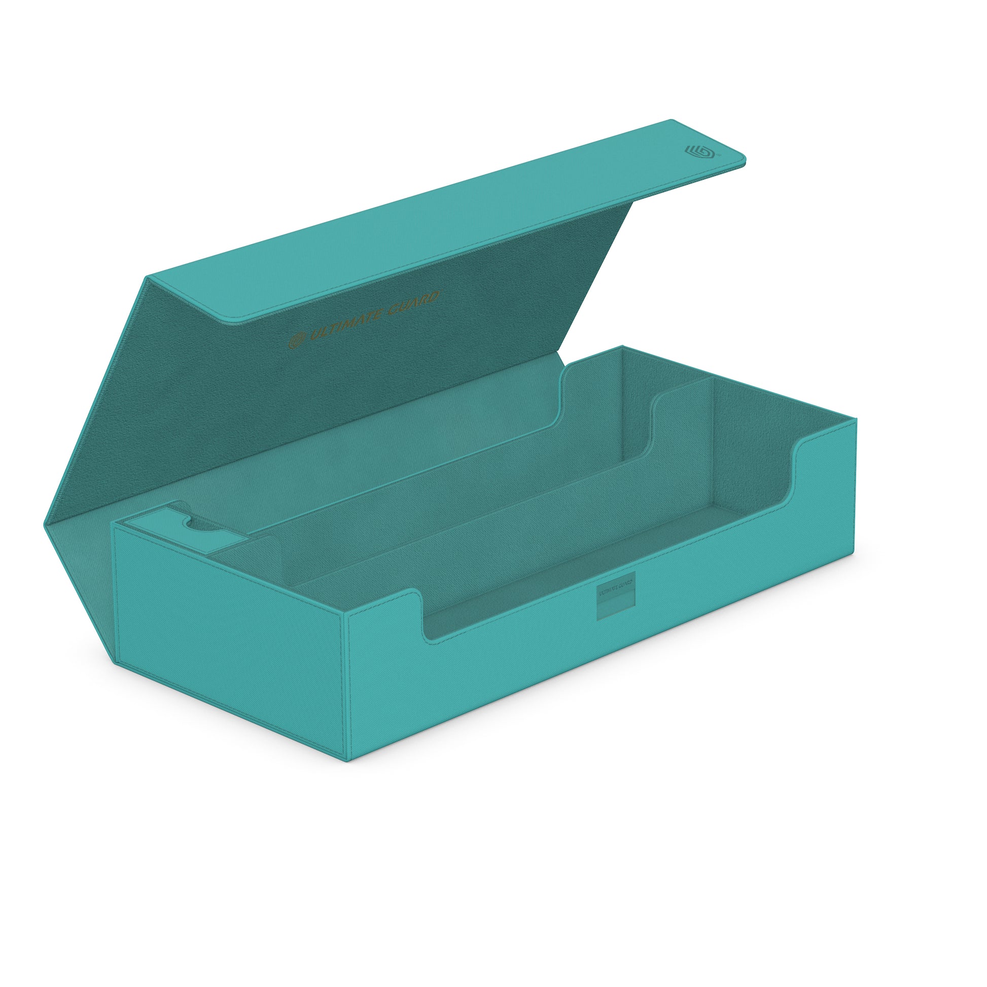 Ultimate Guard Superhive 550+ - Summer Edition - Lagoon - Teal rectangular deck box with hinged lid open, spacious interior designed for card storage.