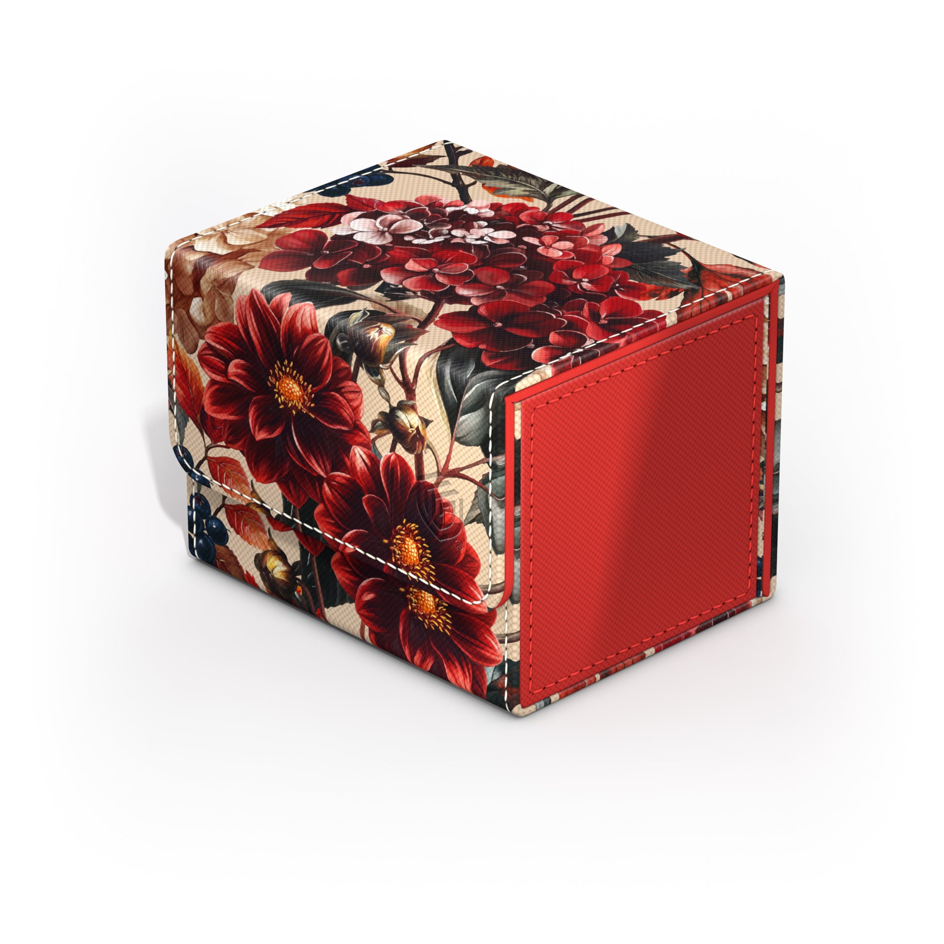 Ultimate Guard Sidewinder 100+ - Floral Places III - Autumn Heath - Compact rectangular deck box with vibrant red and brown floral design and solid red side panel.