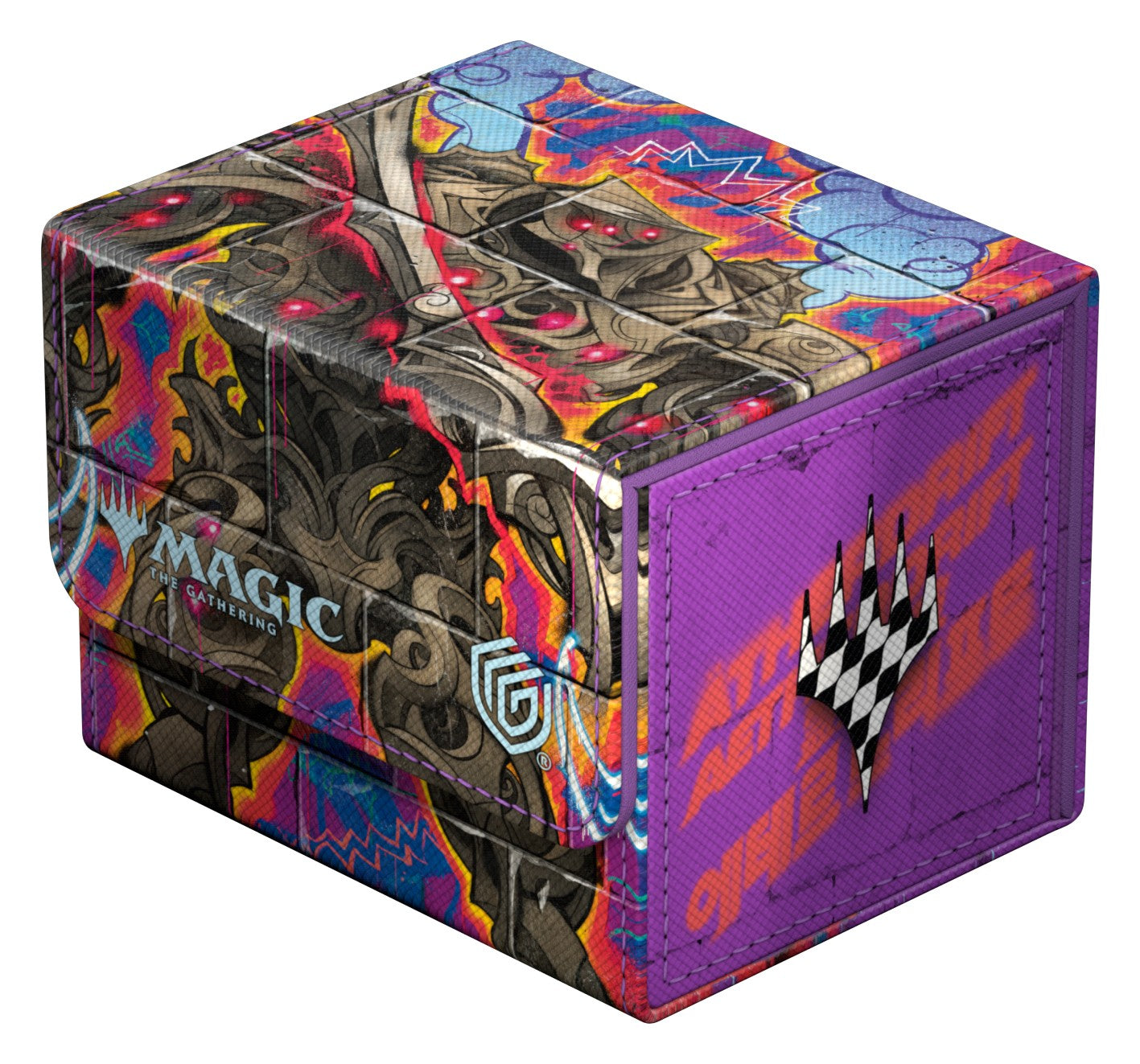 Ultimate Guard: Sidewinder 100+ Xenoskin Magic: The Gathering - Aetherdrift - Coalstoke Gearhulk - Compact rectangular deck box with vibrant, multicolored abstract and mechanical art, featuring black, red, purple, and blue.