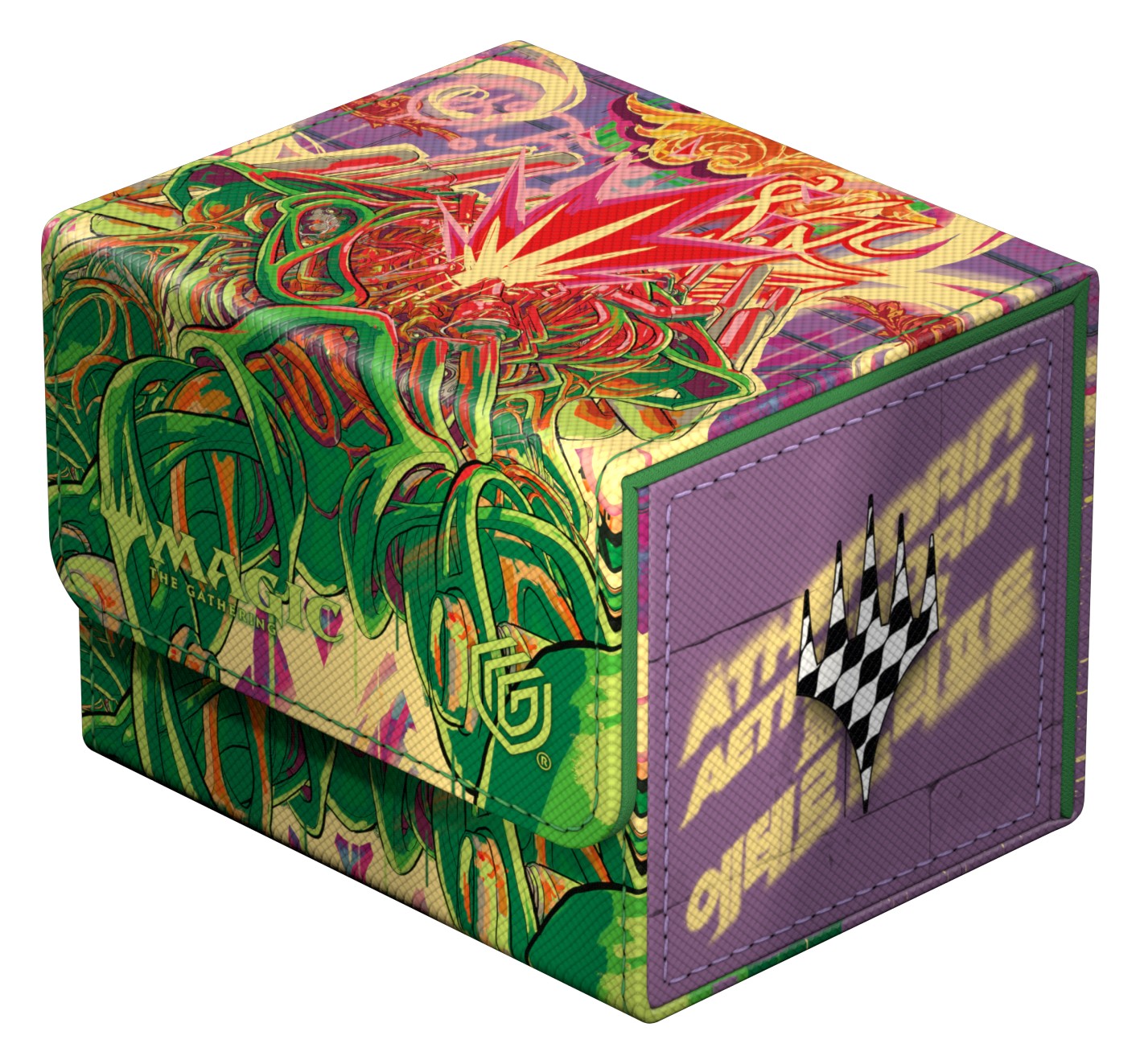 Ultimate Guard: Sidewinder 100+ Xenoskin Magic: The Gathering - Aetherdrift - Pyrewood Gearhulk - Colorful rectangular deck box with vibrant green and red fantasy artwork, purple side panel with gold text and checkered.