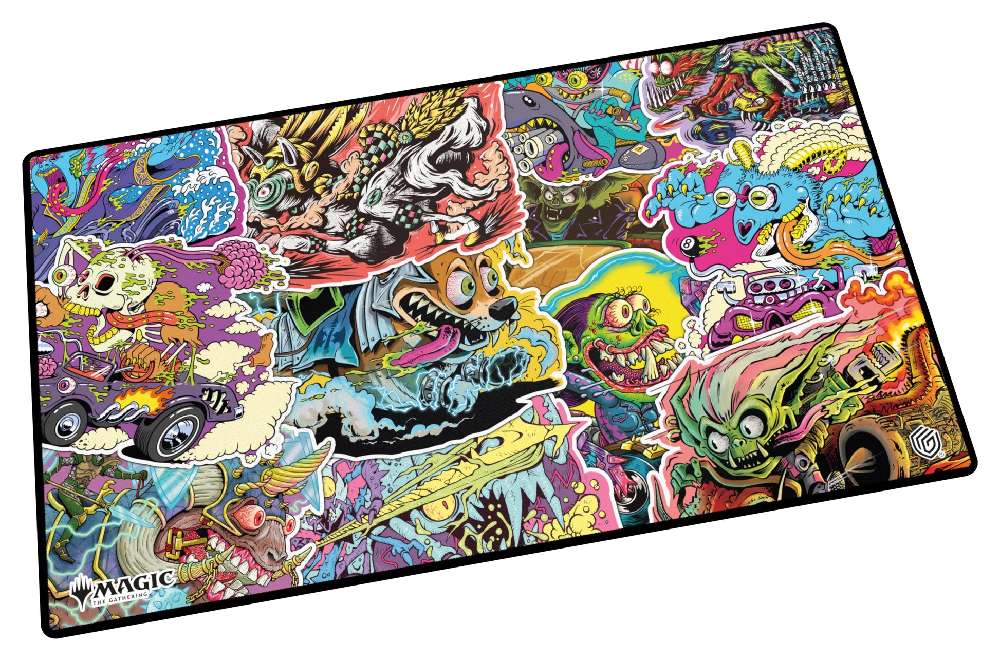 Ultimate Guard: Play-Mat Magic: The Gathering - Aetherdrift - Revved-Up Racers - Rectangular playmat with vibrant, detailed illustrations of fantastical racing creatures, bright colorful backgrounds, and a