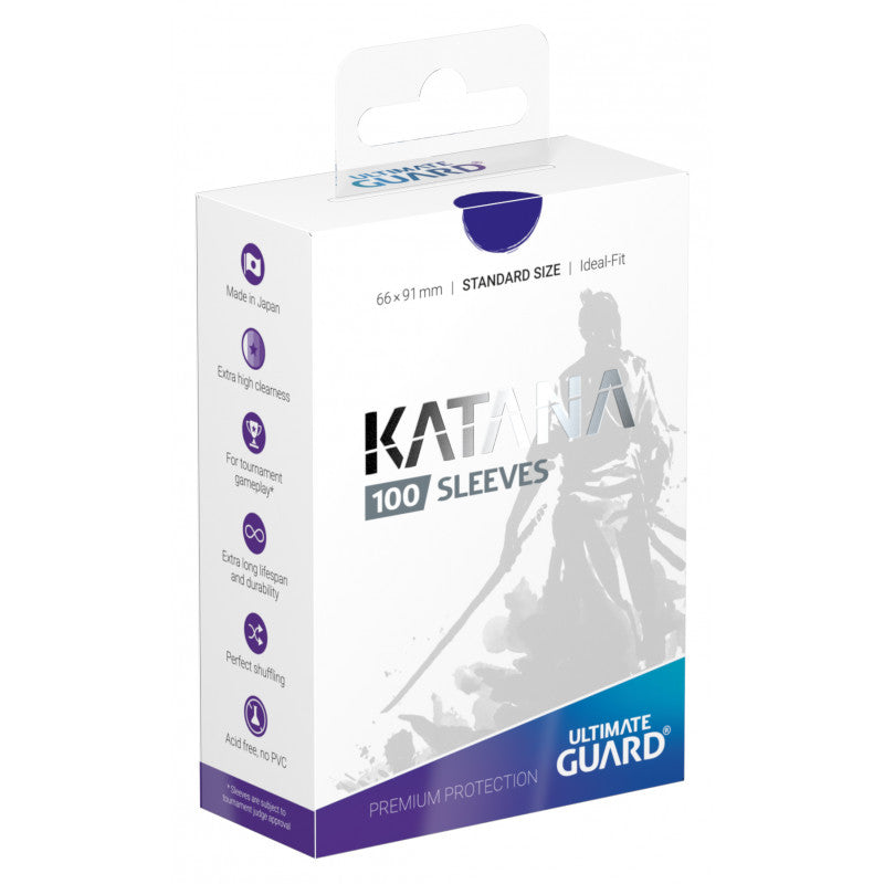 Katana Standard Sleeves 100 ct - Blue - White box featuring gray samurai silhouette, blue accents, labeled "Katana 100 Sleeves" with hang tab.