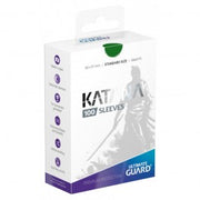 Katana Standard Sleeves 100 ct - Green - White box packaging with green label and silhouette of a warrior, containing 100 green standard card sleeves.