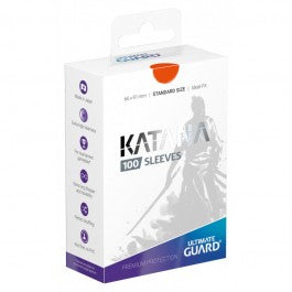 Katana Standard Sleeves 100 ct - Orange - White and blue box of Katana Standard 100-count orange card sleeves with samurai silhouette design.