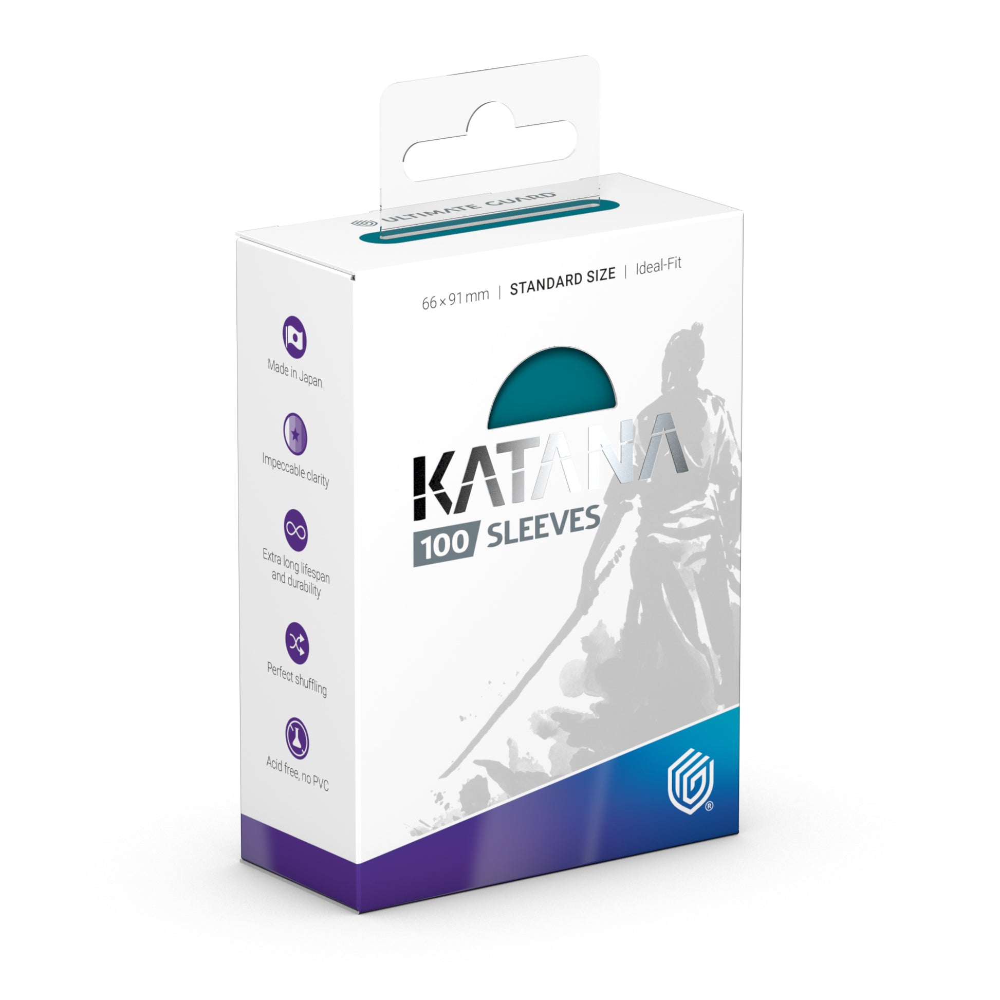 Katana Standard Sleeves 100 ct - Great Wave - White and purple box of Katana Standard Sleeves featuring a stylized samurai figure and wave design, 100 card sleeves inside.